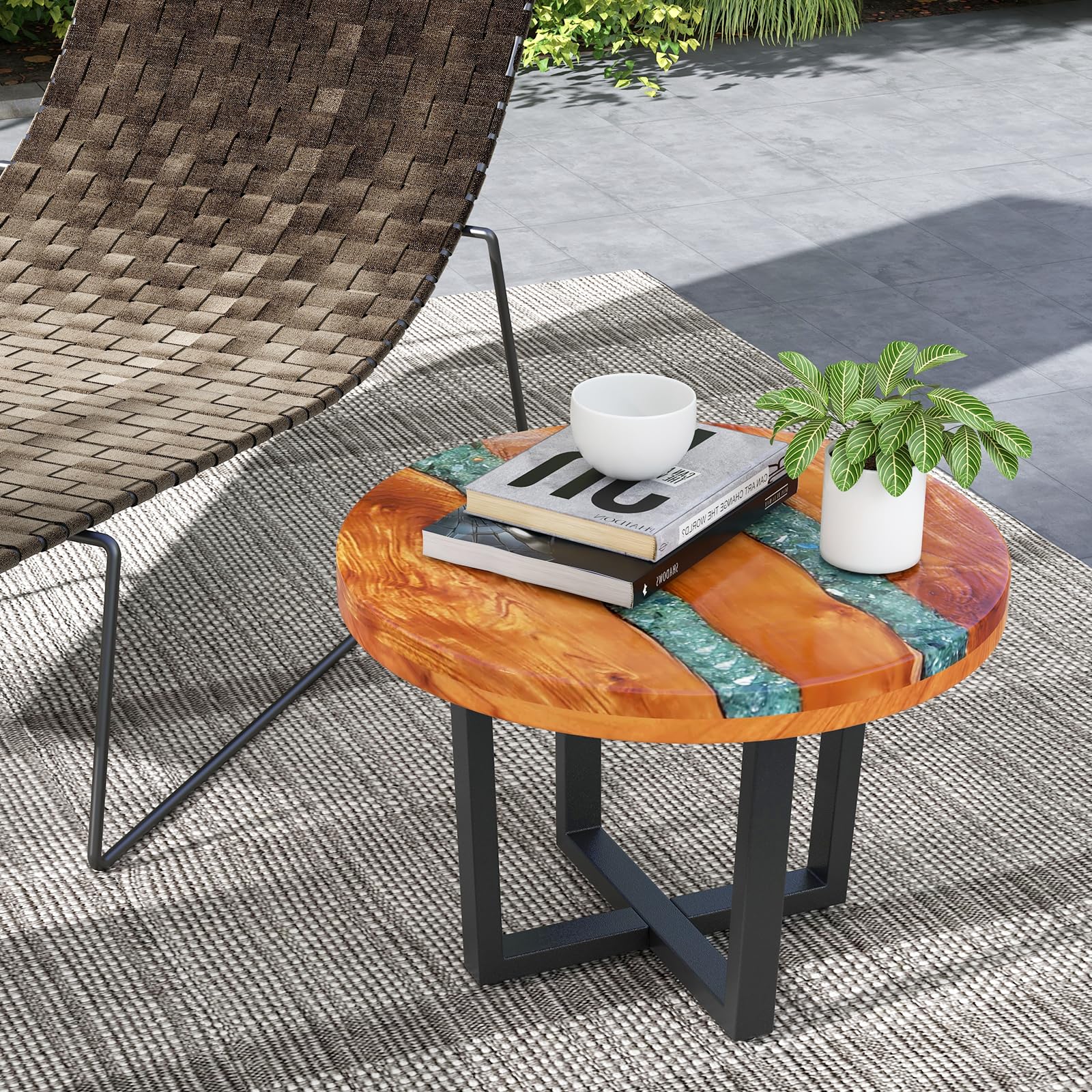 Giantex 24” Teak Wood Outdoor Side Table - Round End Table with Epoxy Resin Tabletop, Solid Live Edge, Mahogany Base