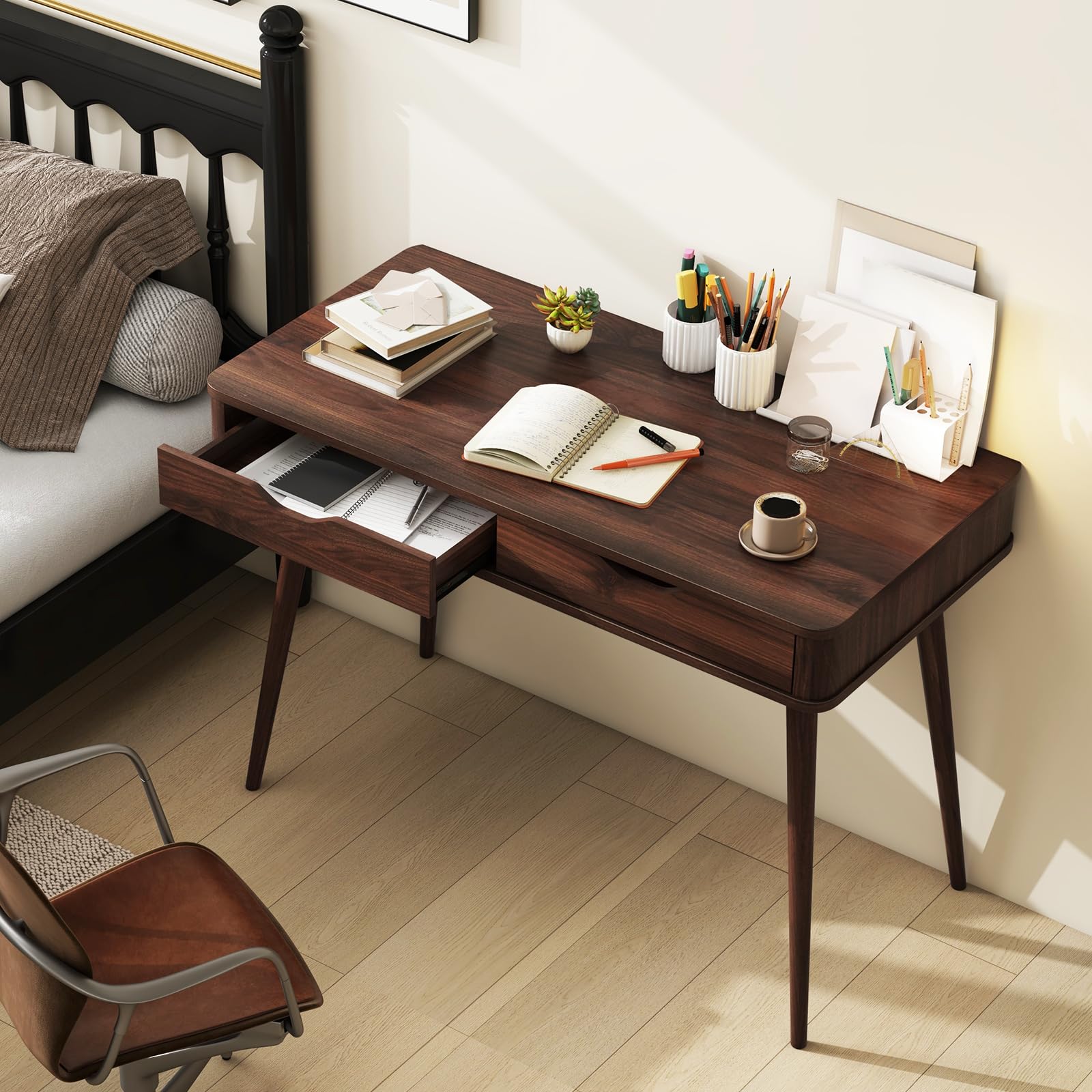 Giantex Mid-Century Desk with 2 Drawers, 43.5" Writing Study Desk with Solid Rubber Wood Legs