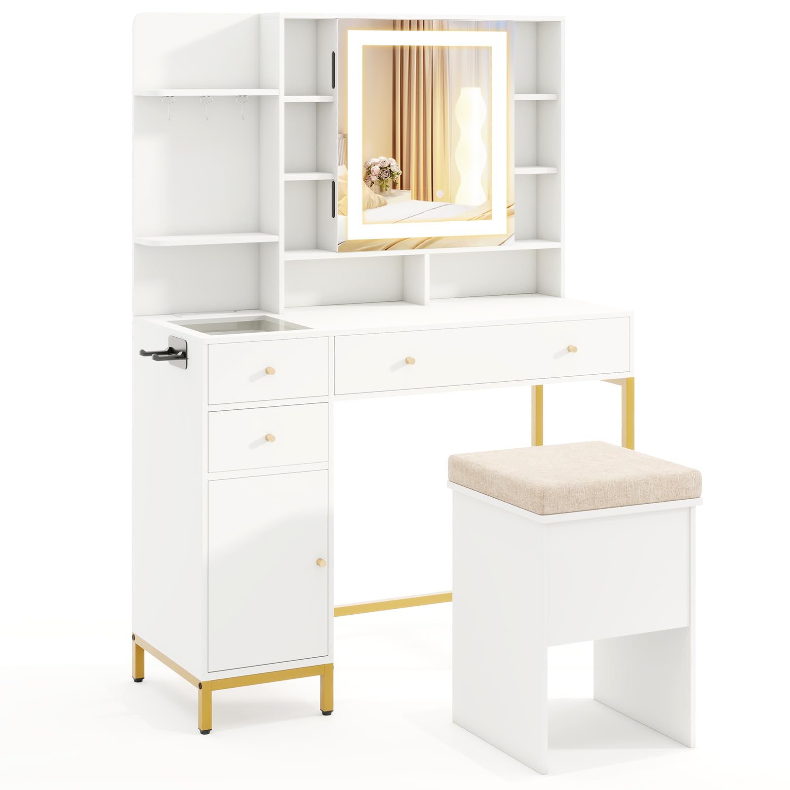 CHARMAID Vanity Desk with Mirror and Lights, White Makeup Vanity Table with Transparent Glass Tabletop