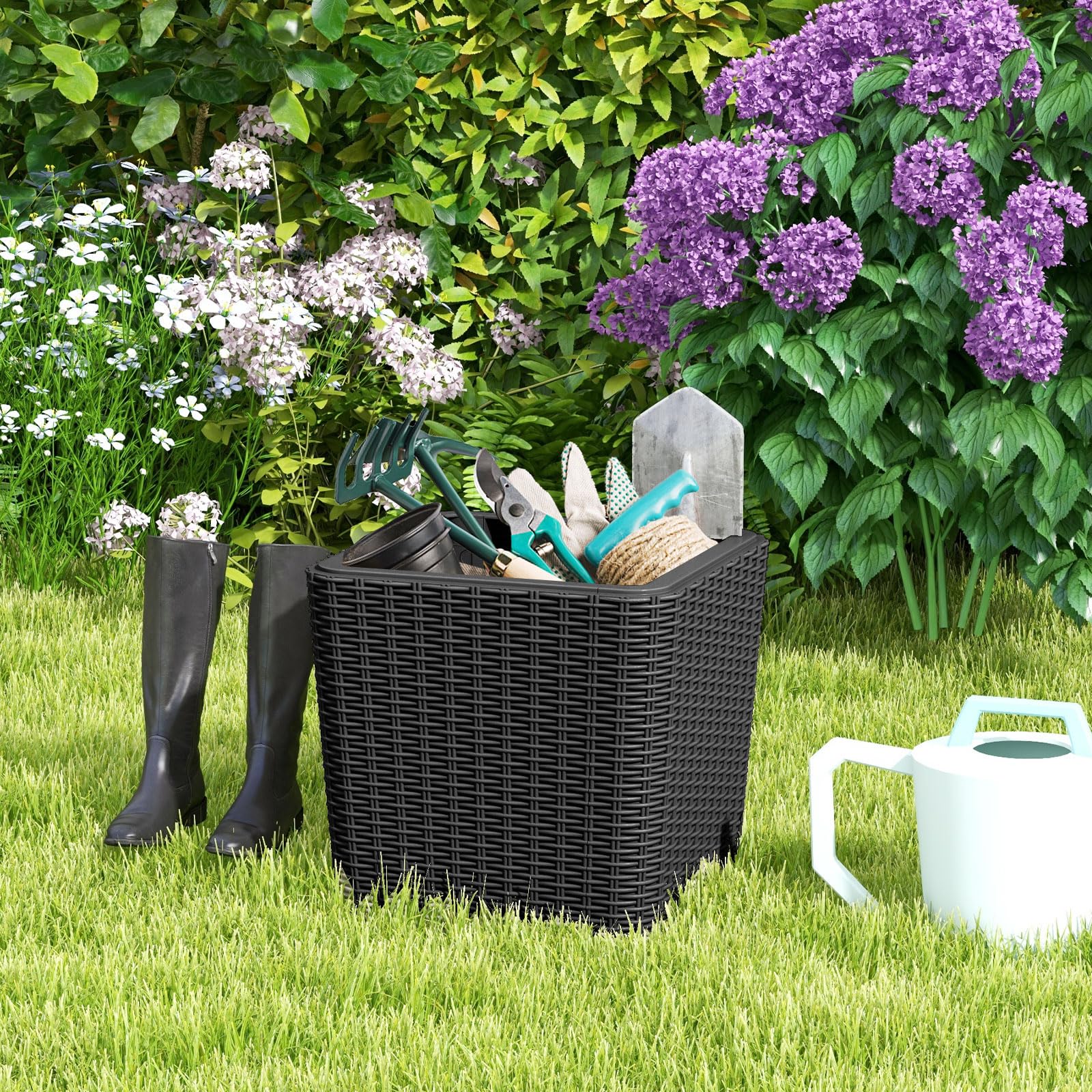 Giantex Small Outdoor Side Table - 11.5 Gallon Deck Box with Removable Lid & Wicker-woven