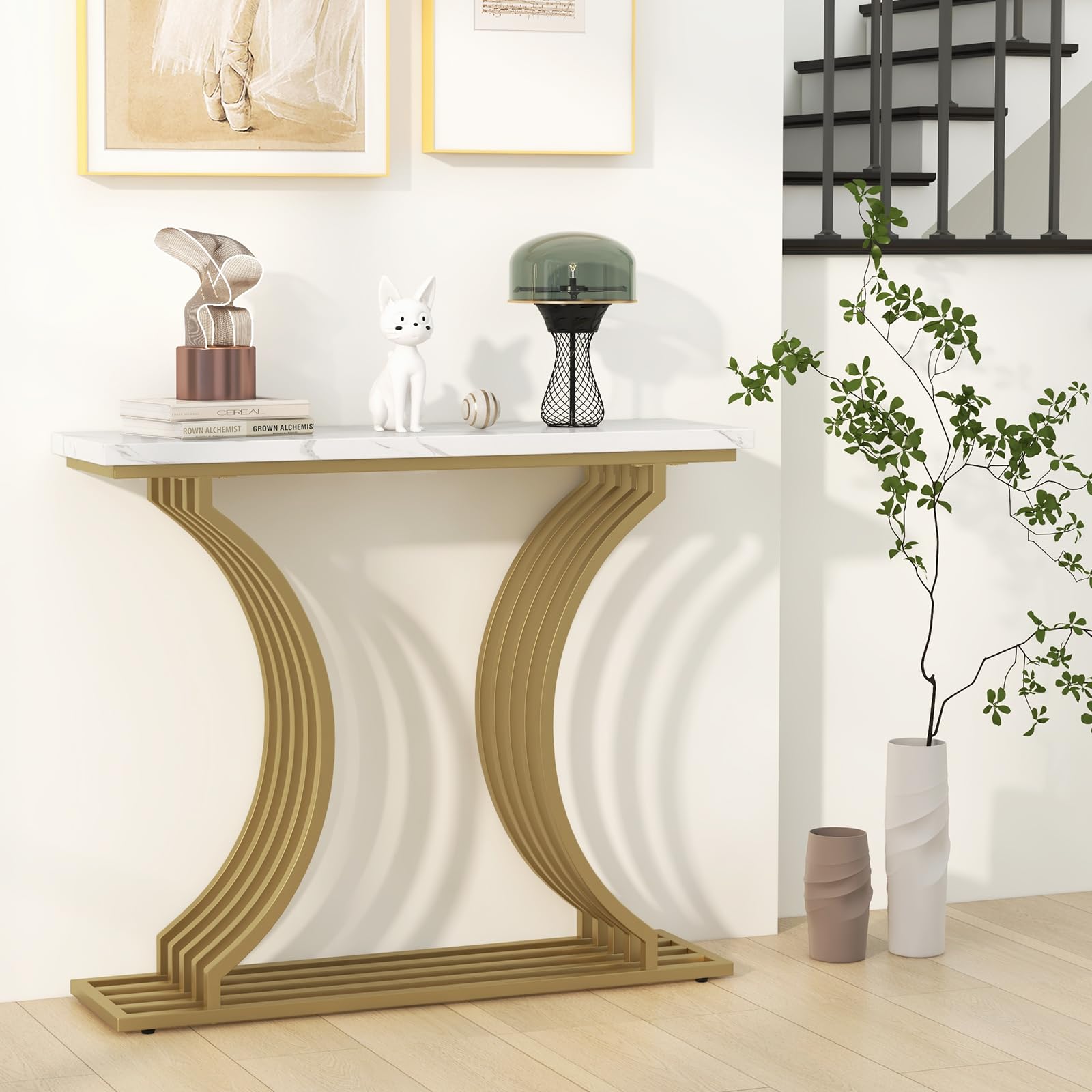 Giantex 39" Entryway Console Table, Gold Narrow Console Table w/White Faux Marble Tabletop