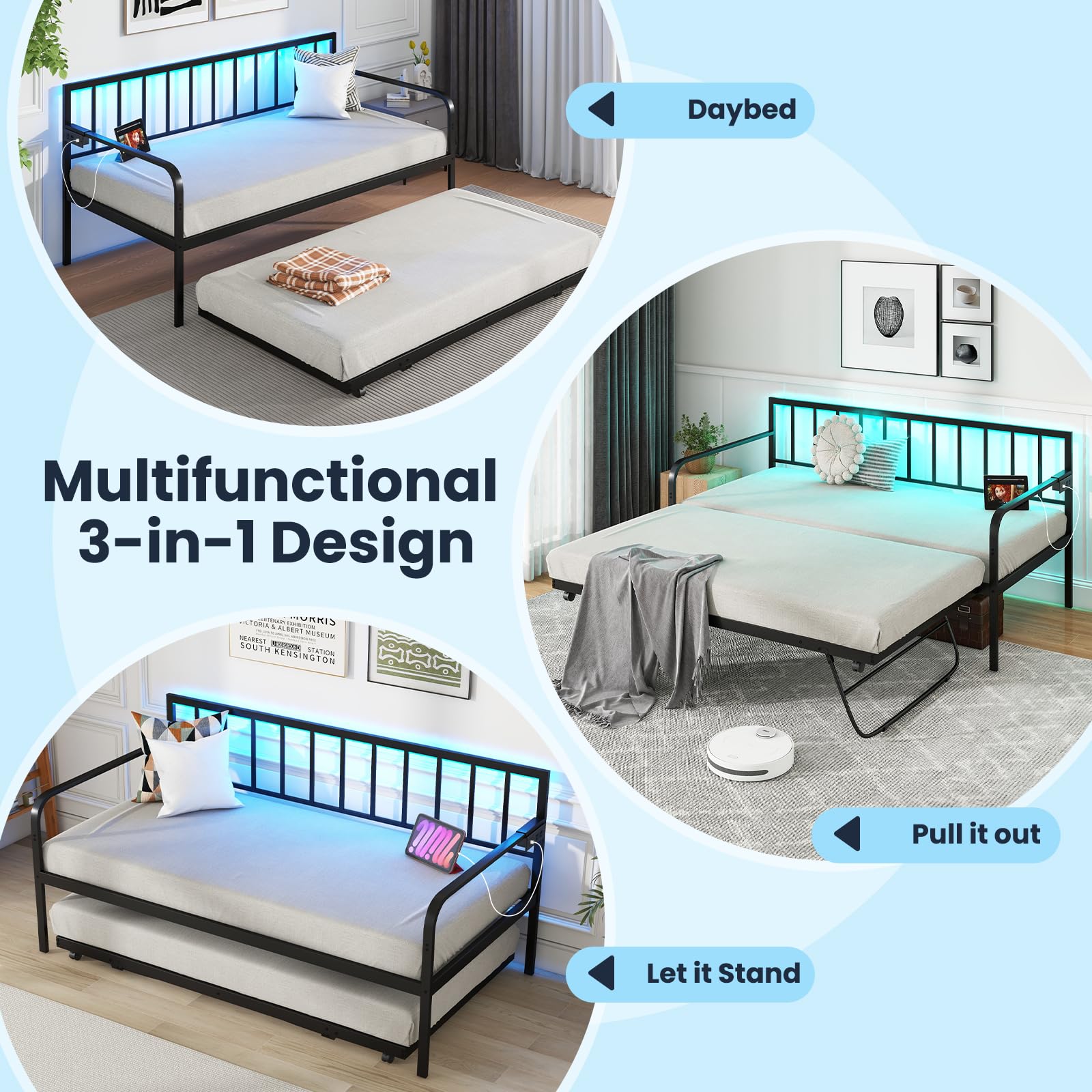 Giantex Twin Daybed with Trundle, Metal Day Bed with Charging Station & LED Lights