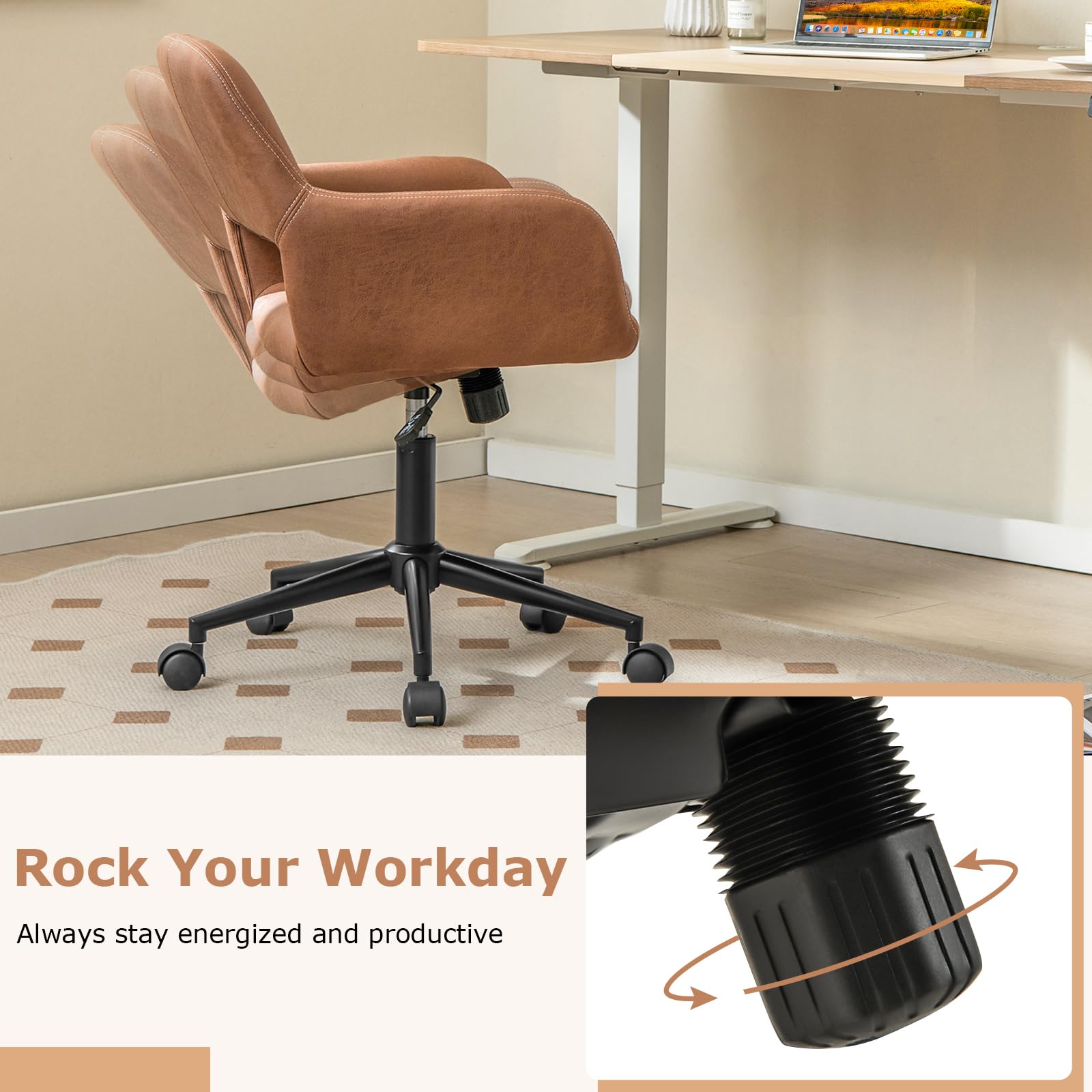 Giantex Modern Desk Chair Brown, Faux Leather Home Office Chair with Arms, Adjustable Swivel Task Chair