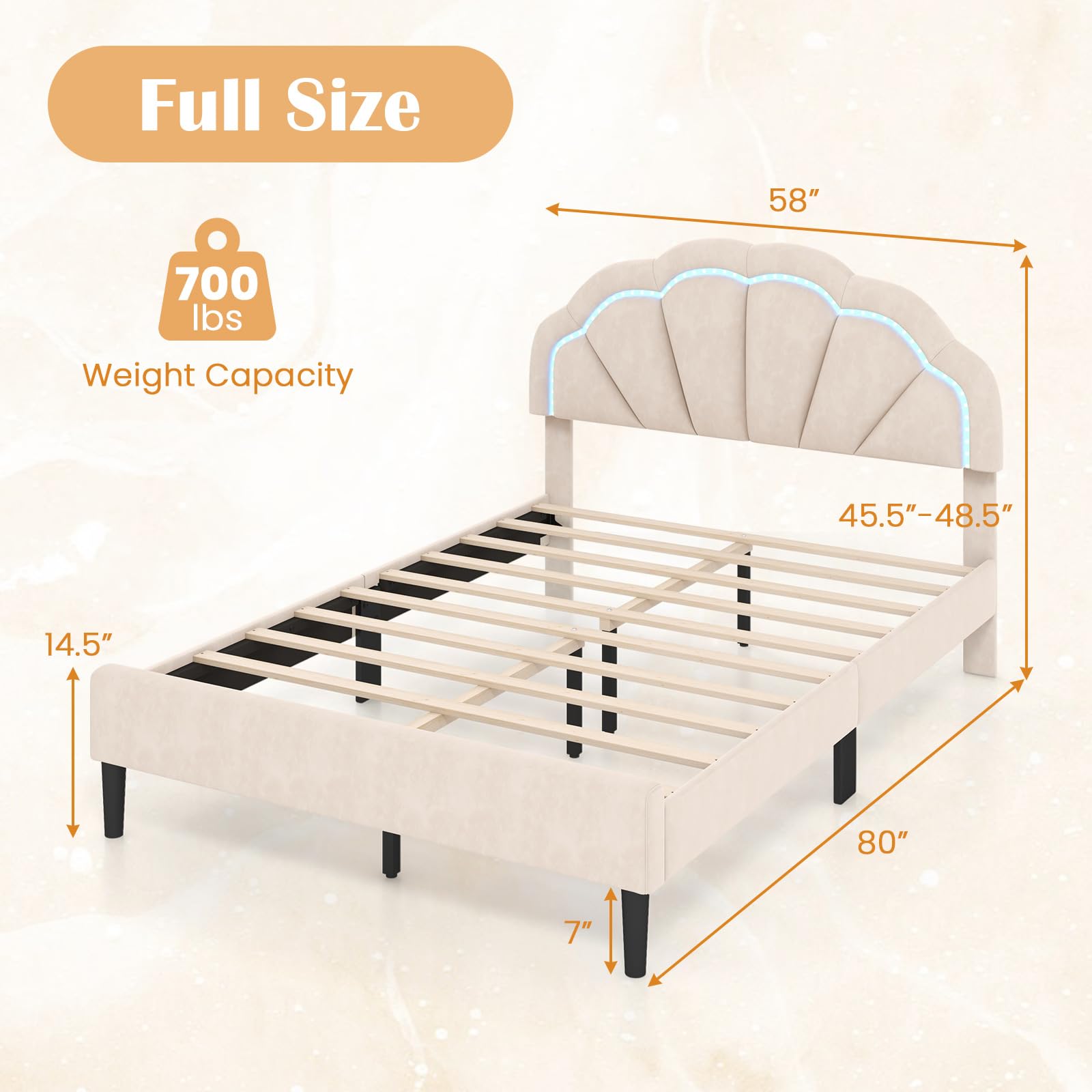 Giantex Full Size LED Bed Frame, Velvet Upholstered Full Platform Bed with Adjustable Cloud Headboard