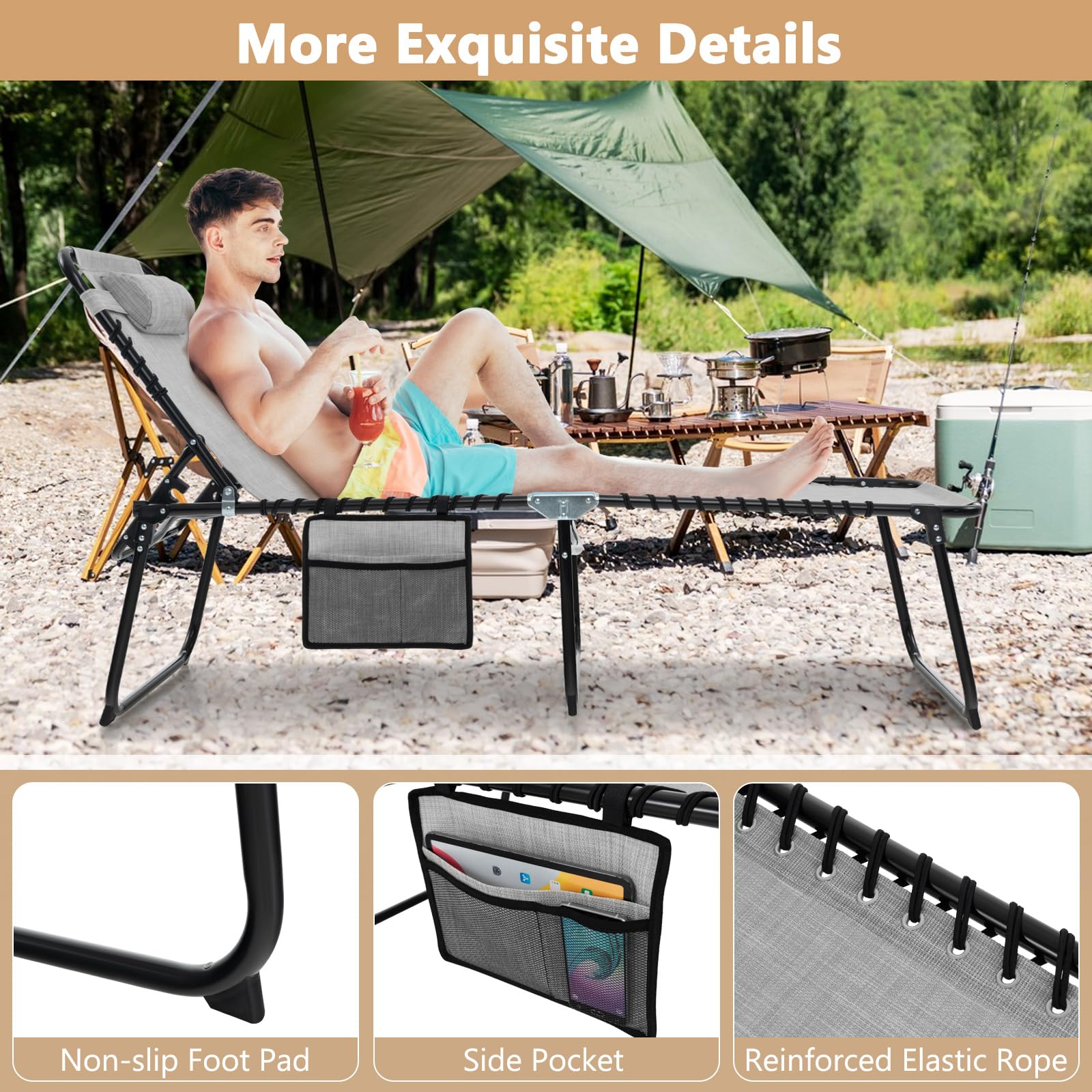 Giantex Patio Lounge Chairs for Outside - Set of 1/2 Folding Tanning Chair w/Headrest, 4 Adjustable Positions, Side Pocket