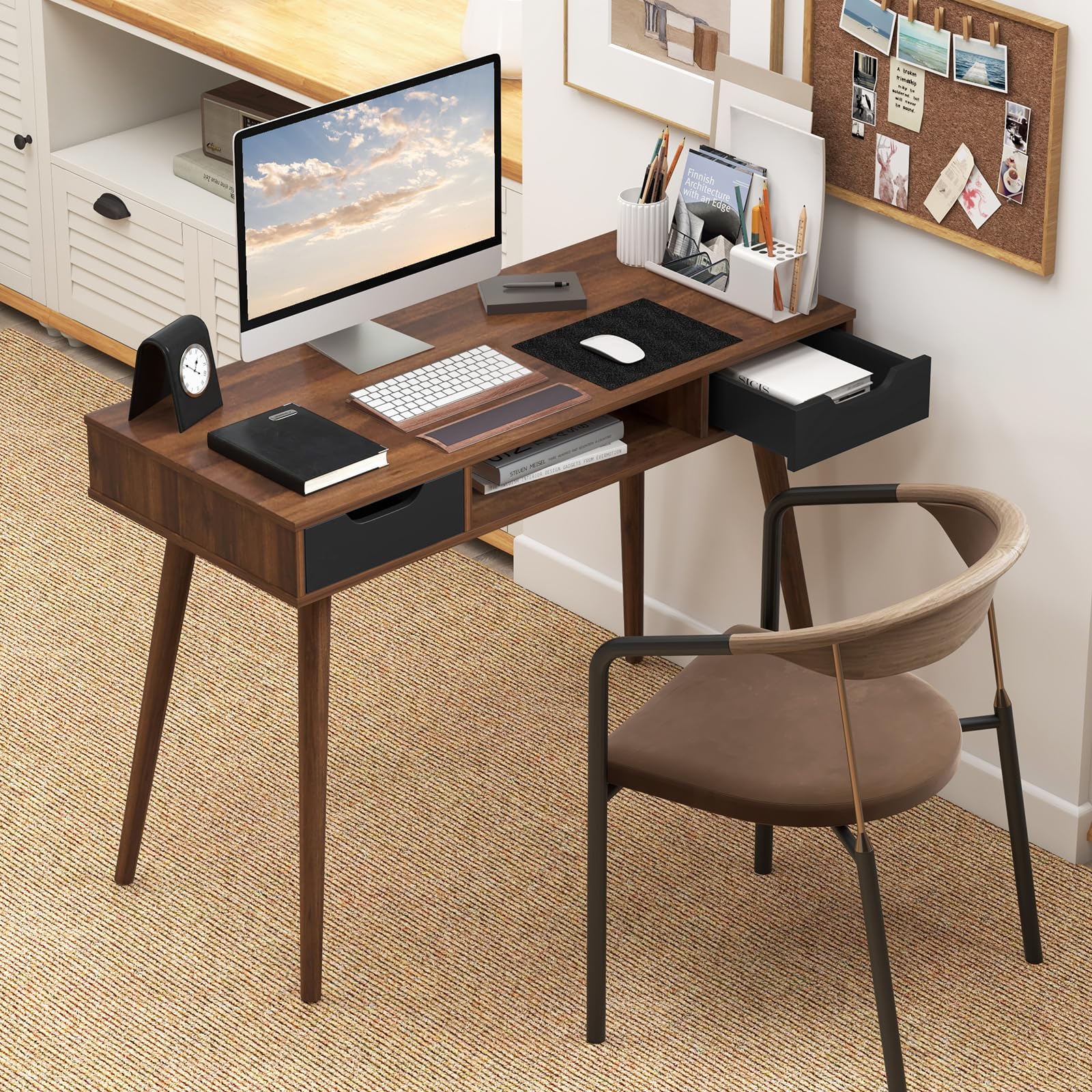 Giantex Mid Century Modern Desk with Drawers, Simple Study Desk with Open Storage Cubby & Solid Wood Legs