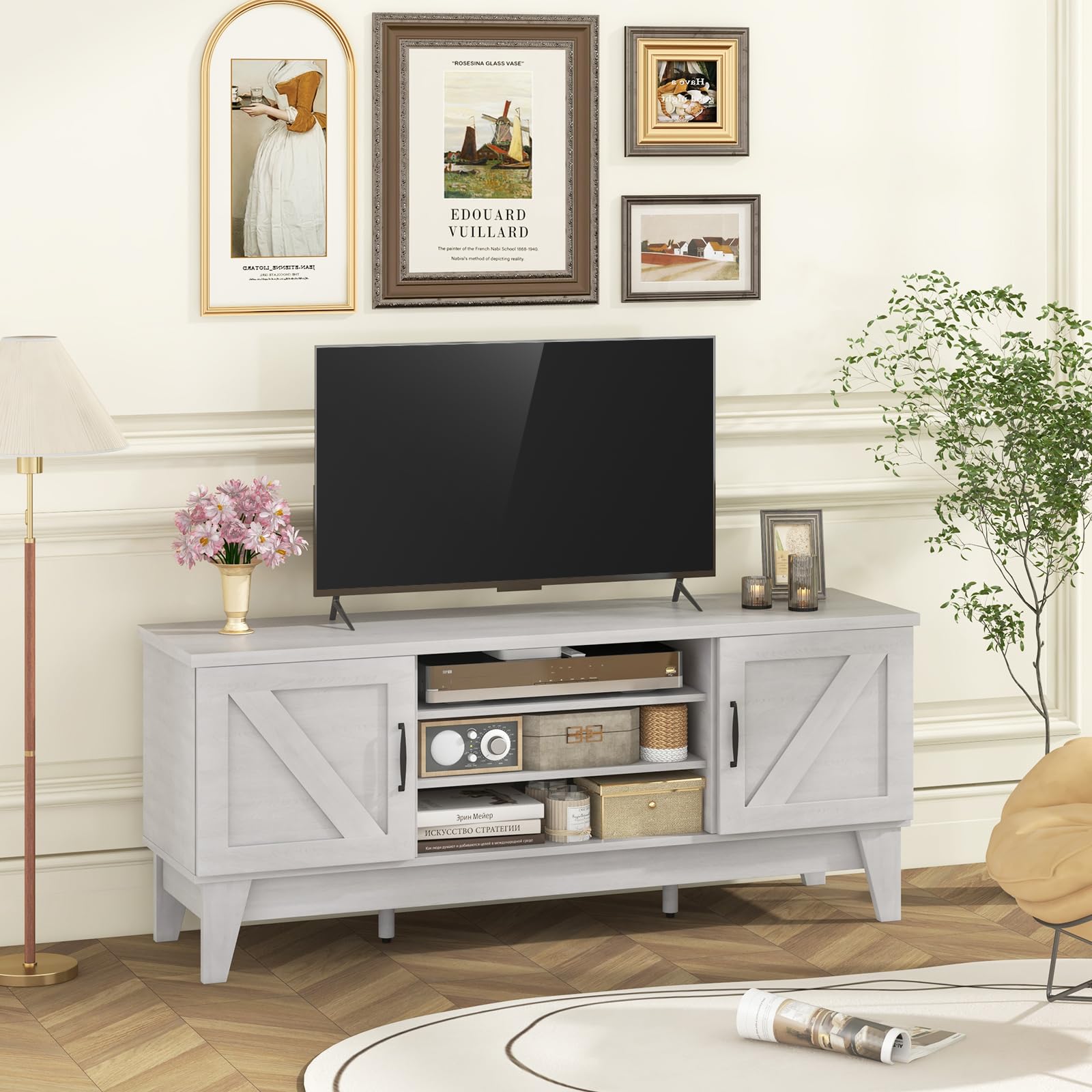 Giantex TV Stand for TVs Up to 65 Inches, 59” Entertainment Center with 2 Barn Door Cabinets, 4 Adjustable Shelves