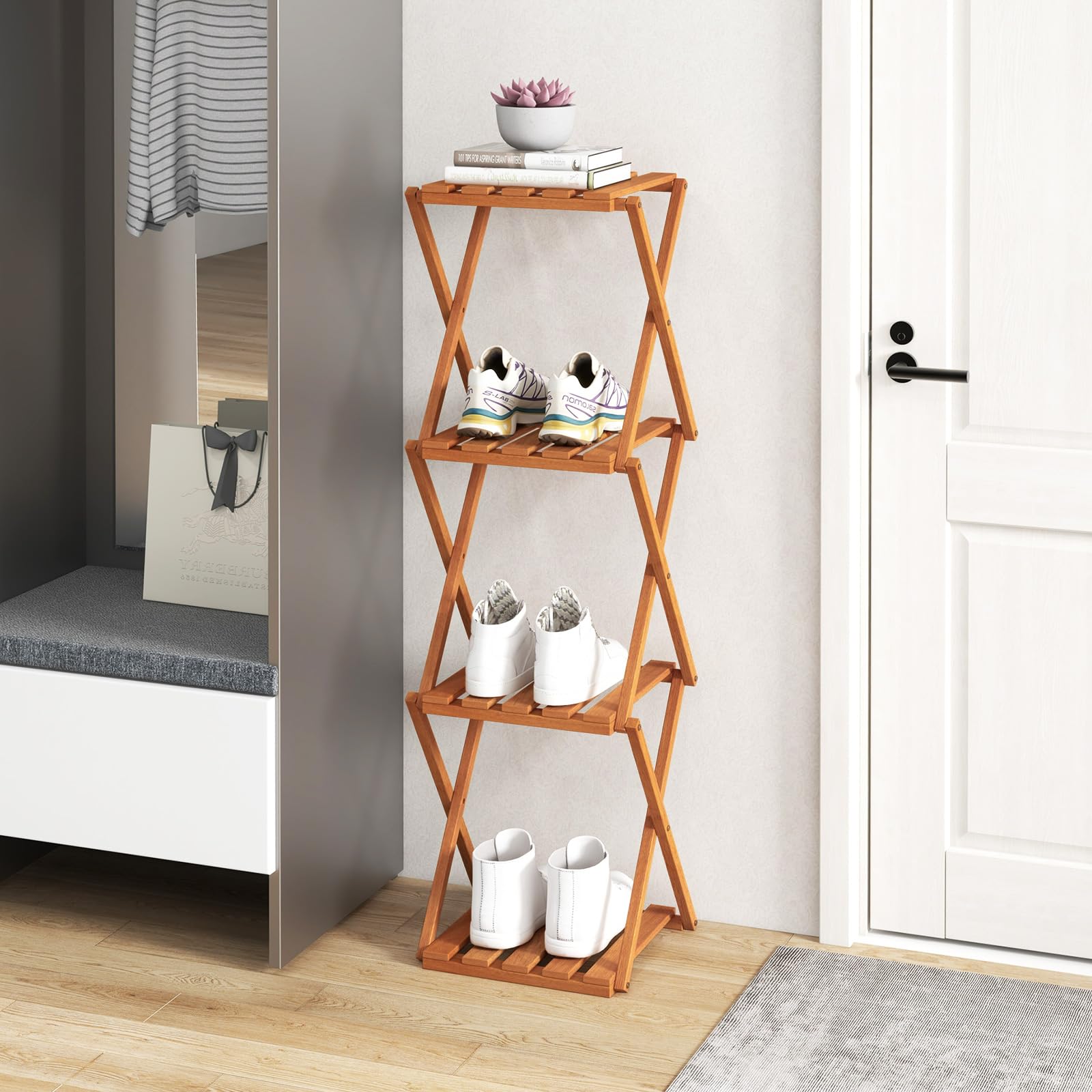 Giantex 4-Tier Foldable Plant Stand, Wooden Folding Display Rack with Sturdy X-shaped Structure