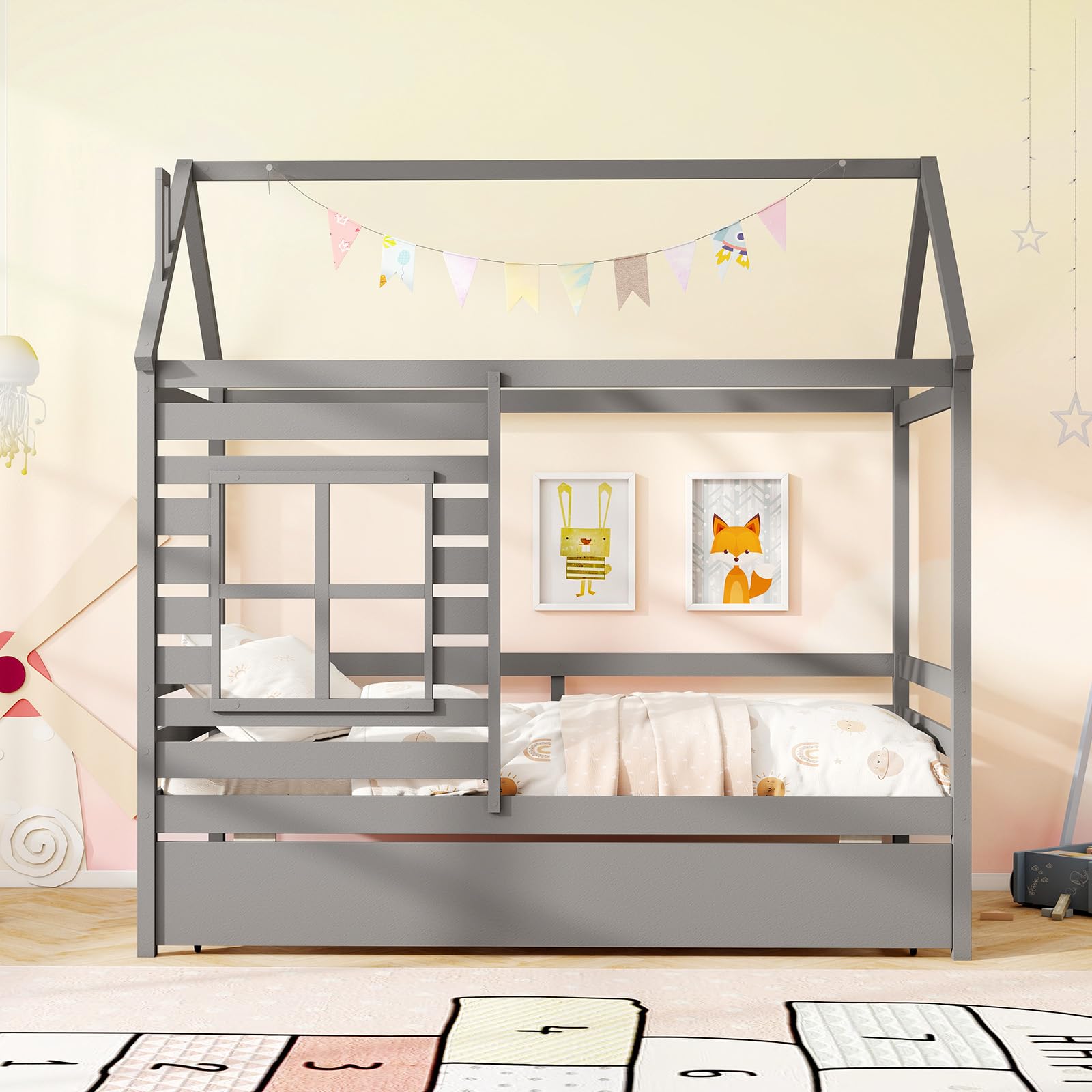 Giantex Twin House Bed with Trundle Bed Twin, Wooden Twin Bed Frames with Roof, Chimney & Window