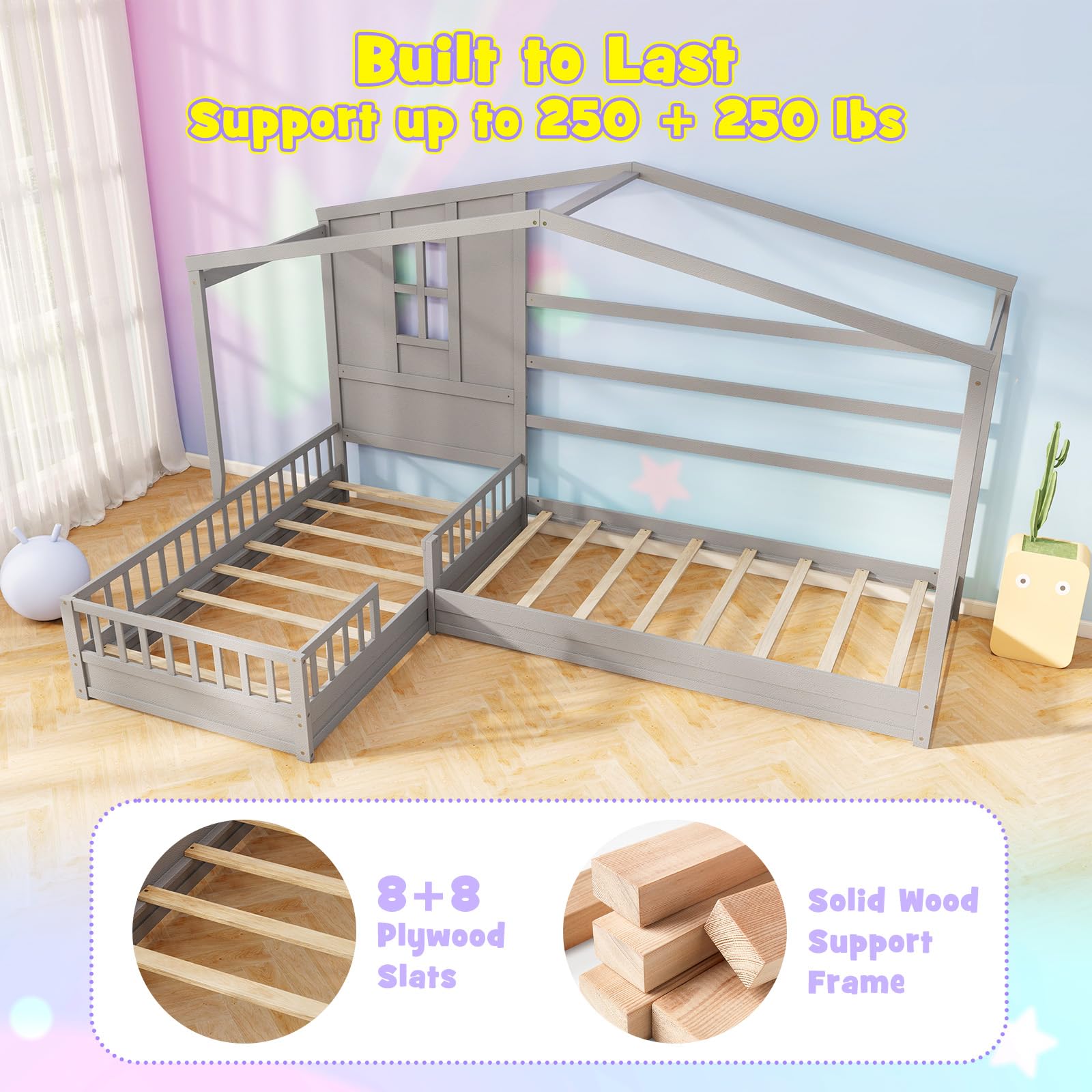 Giantex Double Twin Beds for Kids, House L-Shaped Platform Beds with Window & Fences