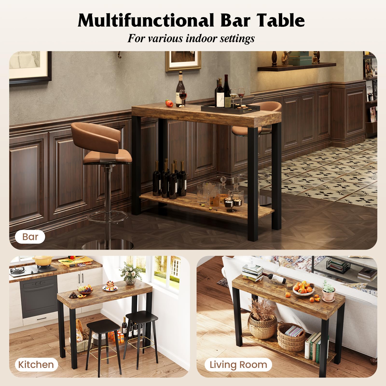 Giantex 48-Inch Bar Table, Narrow Pub Table with Counter Height, Open Shelves, Solid Wood Frame