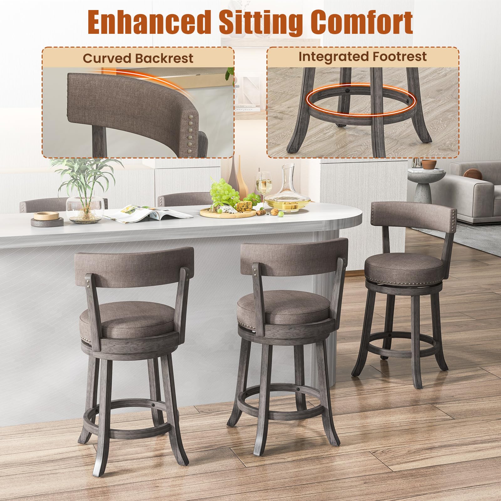 Giantex 26" Bar Stools Set, Swivel Counter Height Bar Chairs with Footrest, Rubber Wood Frame