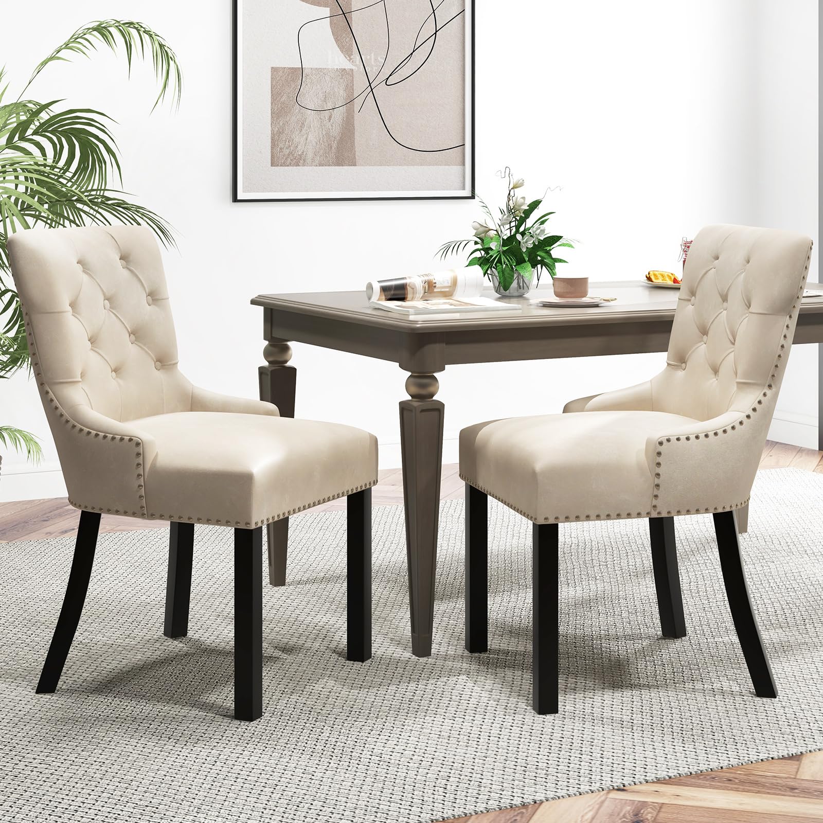 Gianex Upholstered Dining Chairs Set, Wood Wingback Accent Chairs w/Rubber Wood Legs & Nailhead Button Tufted Back