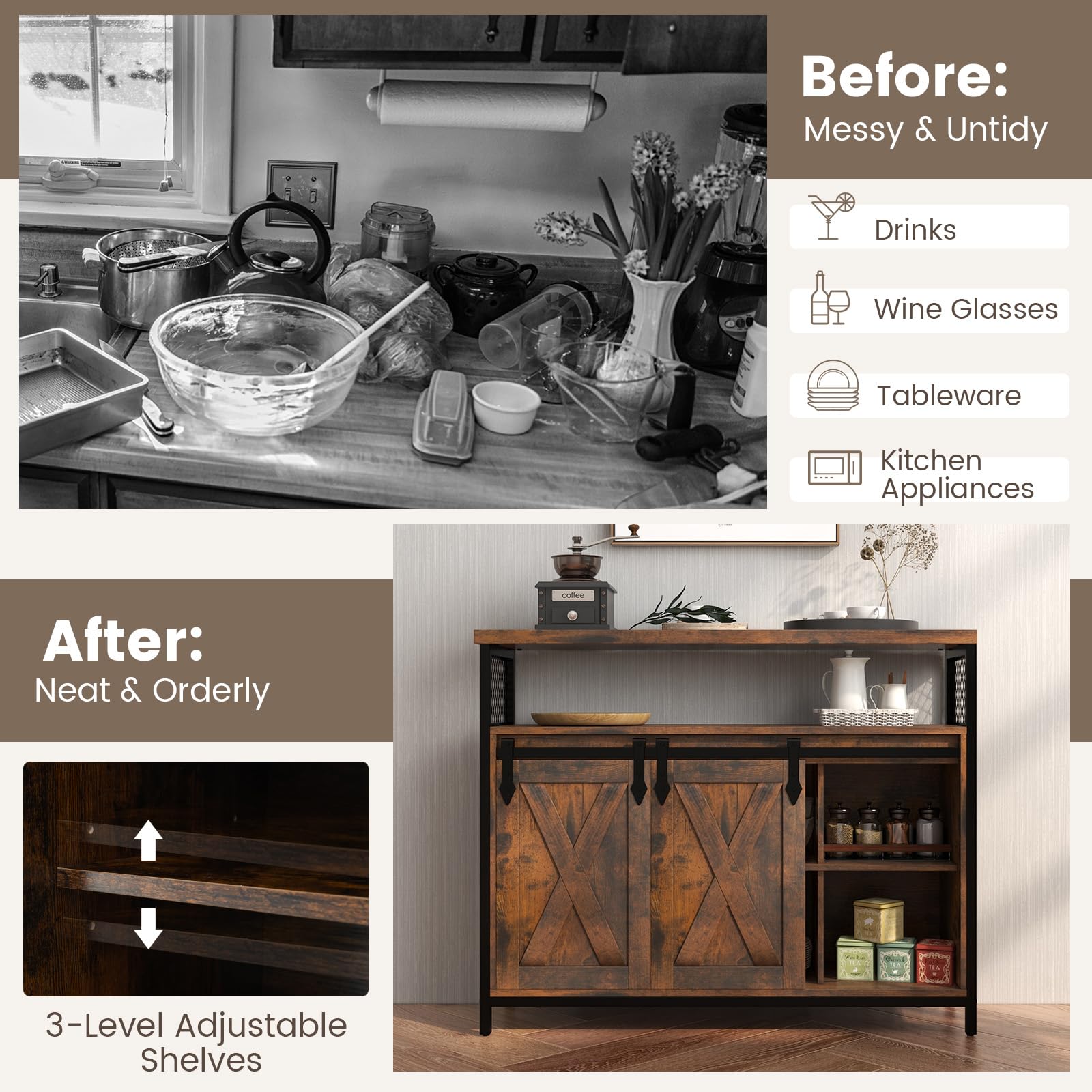 Giantex Buffet Cabinet with Storage, Farmhouse Coffee Bar Cabinet w/ 3-Level Adjustable Shelves