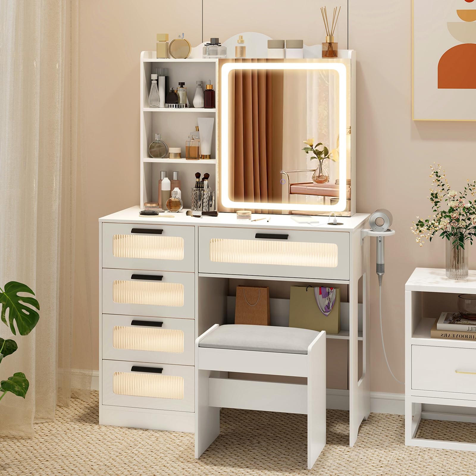 Vanity Desk with Sliding Mirror and Lights, White Makeup Vanity Desk with 5 Drawers