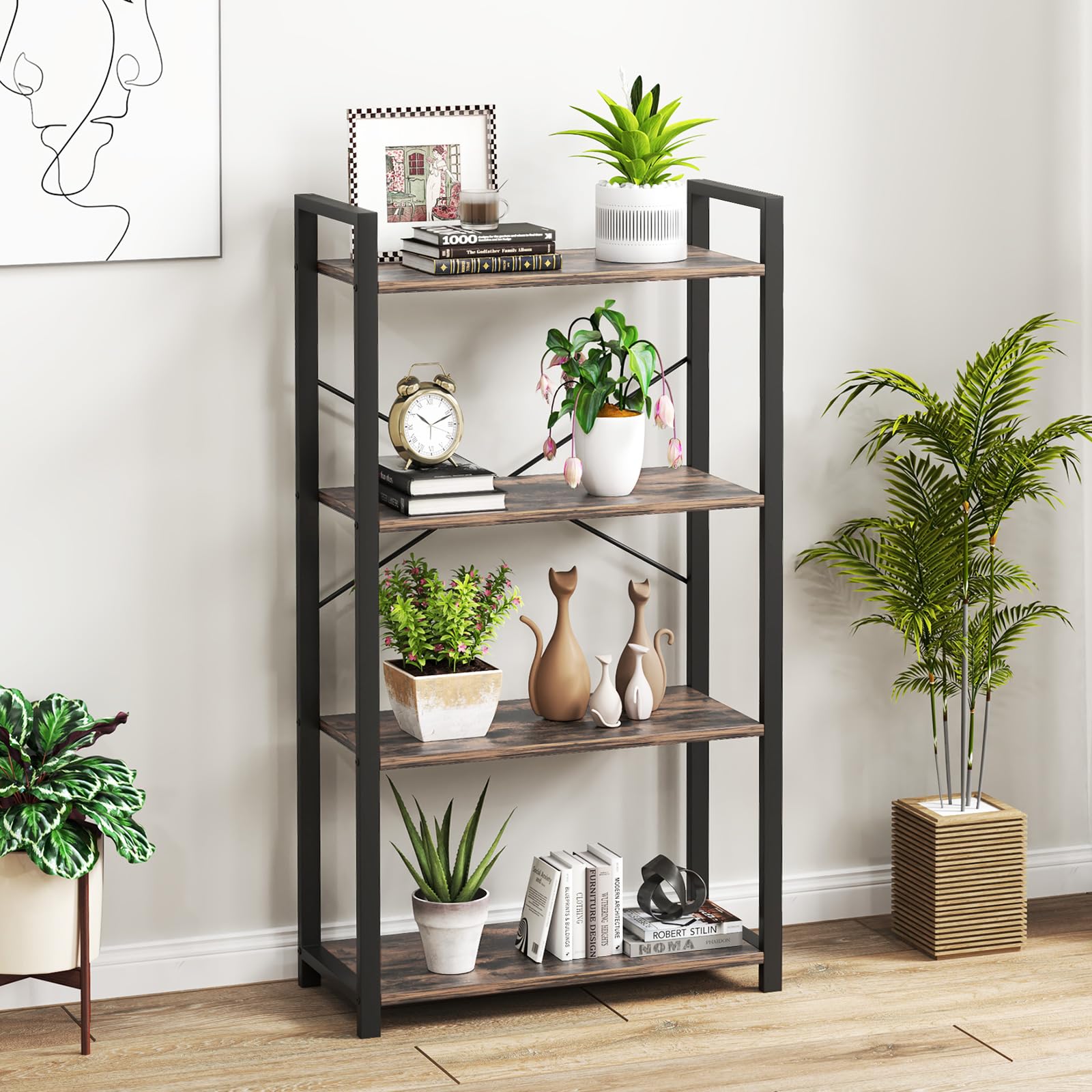 Giantex 4-Tier Bookshelf, Industrial Bookcase with Open Shelves, Metal Frame, 2 Anti-Toppling Kits