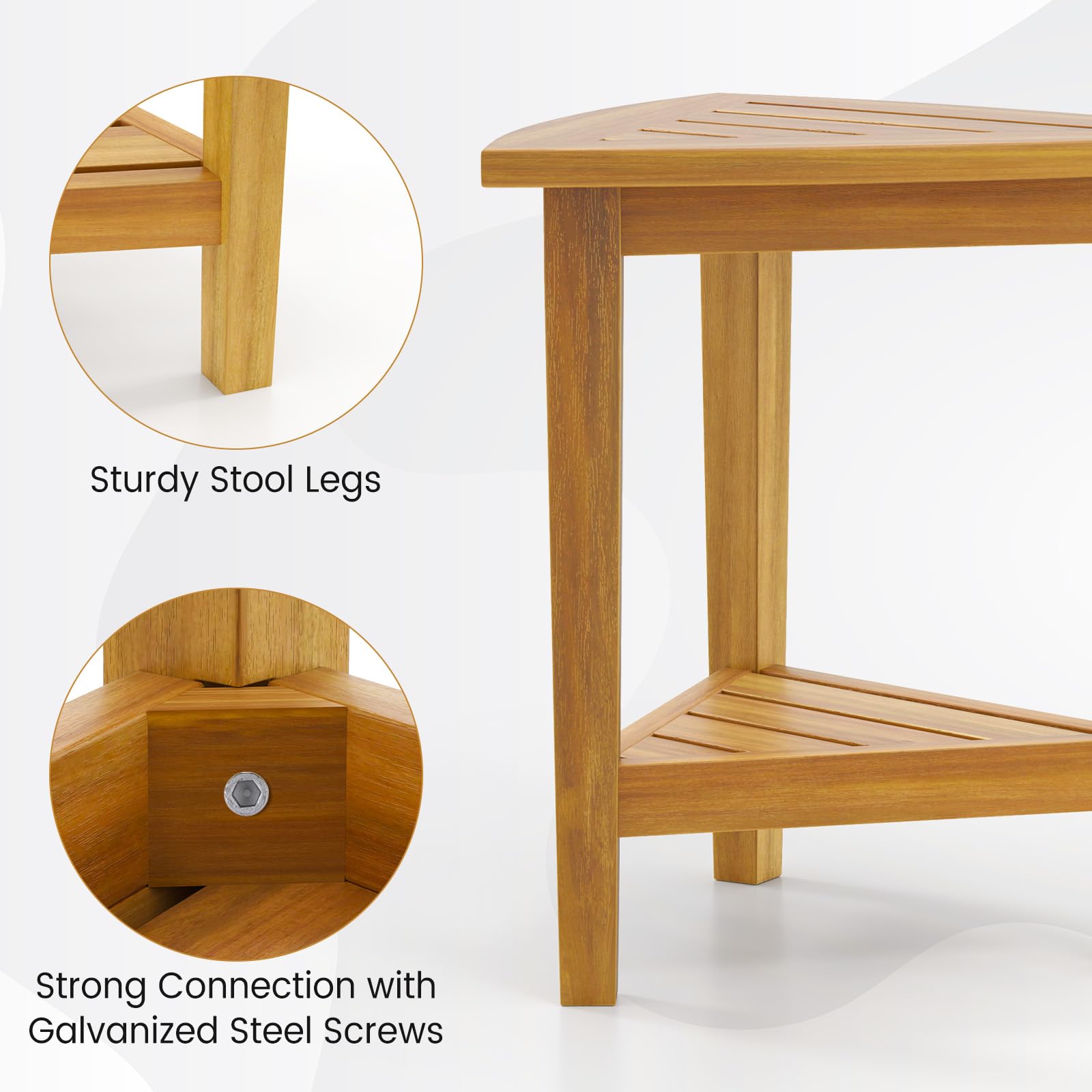 Giantex Corner Shower Bench - Teak Wood Shower Stool with Storage Shelf