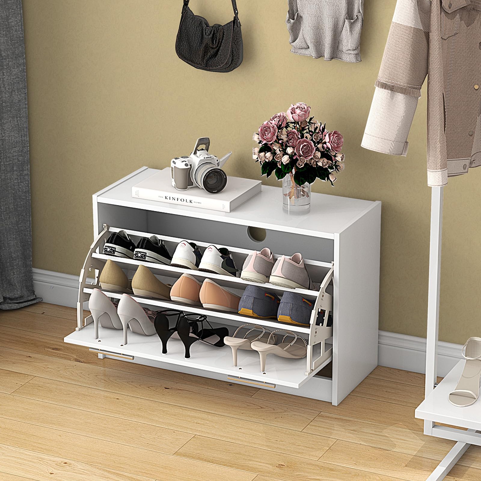 Giantex Shoe Cabinet with Flip Drawer, Shoe Storage Cupboard Organizer with Anti-toppling Device