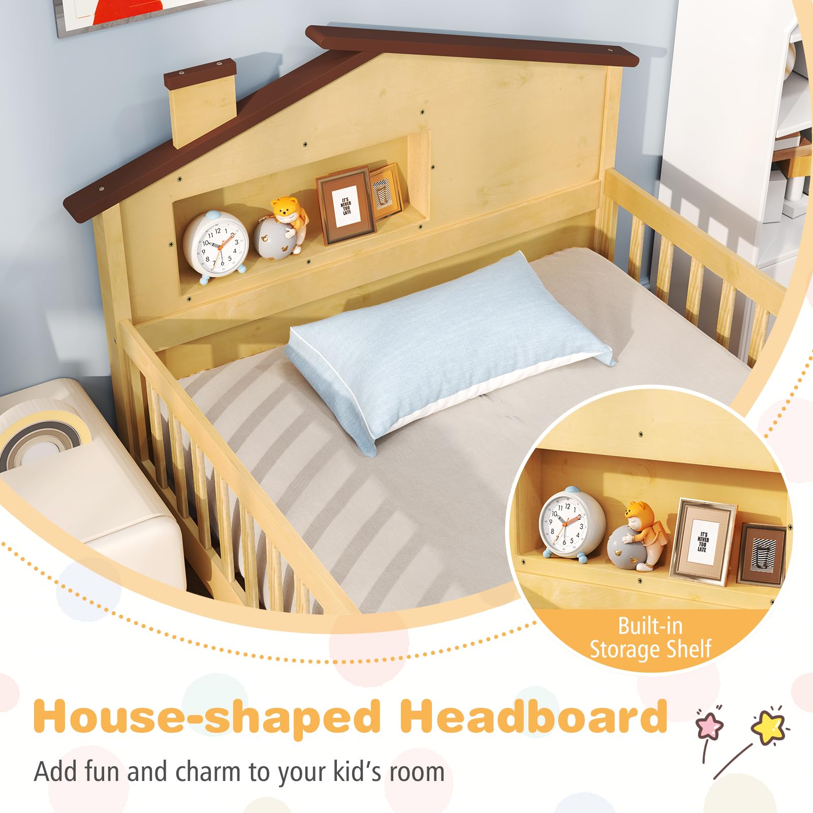 Giantex Twin Bed Frames for Kids, Solid Wood Montessori Bed with House-Shaped Headboard & Built-in Storage Shelf