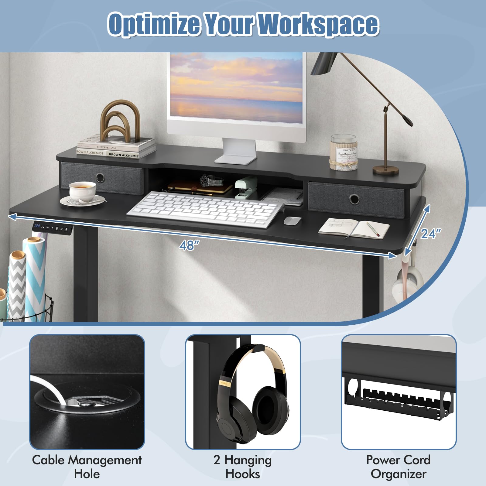 Giantex Electric Standing Desk with 2 Drawers, 48" /55"x 24" Height Adjustable Electric Stand Up Desk with Storage Shelf