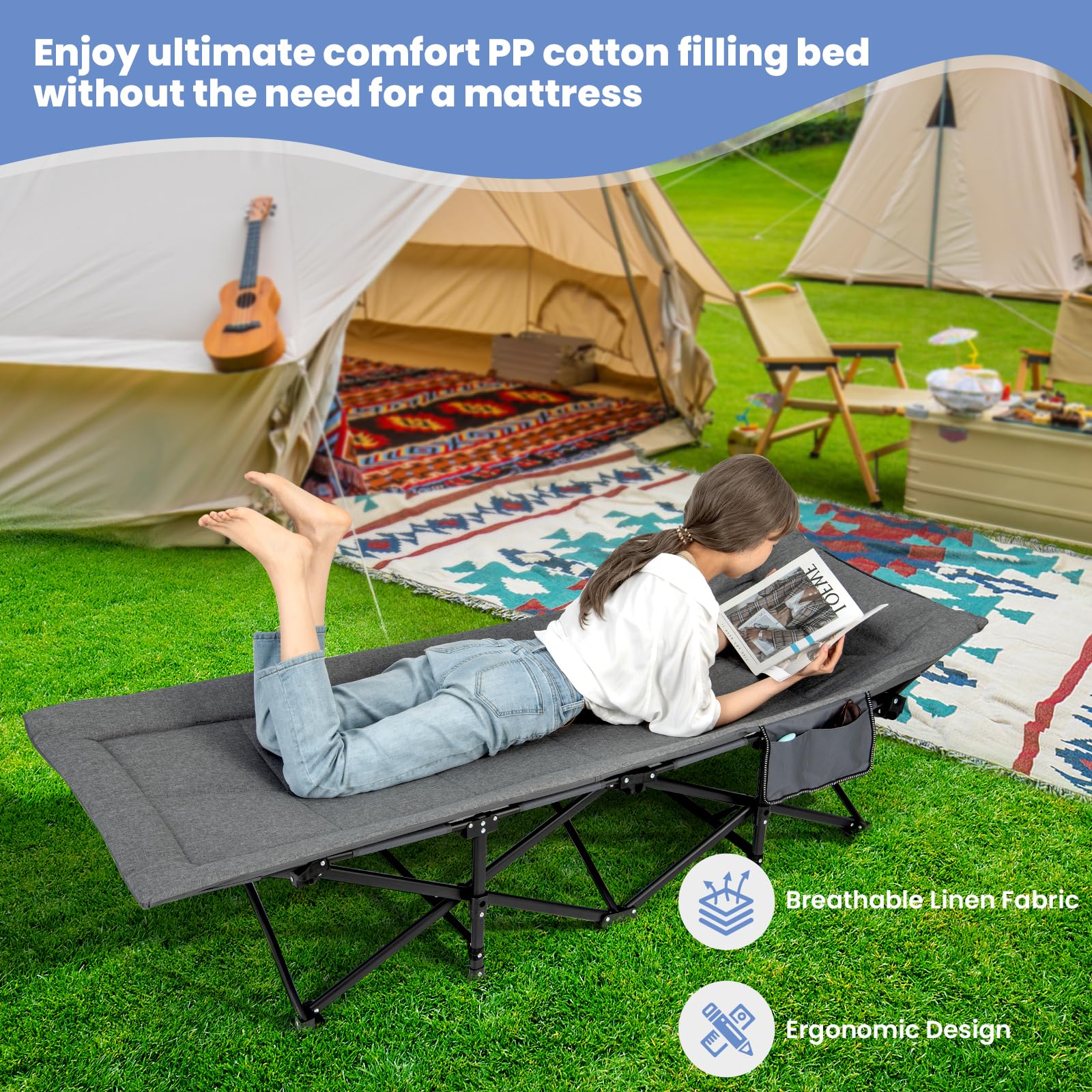 Giantex Folding Camping Cot for Adults - Sleeping Cot Bed with Carry Bag, Cushion & Headrest, 10 Foots