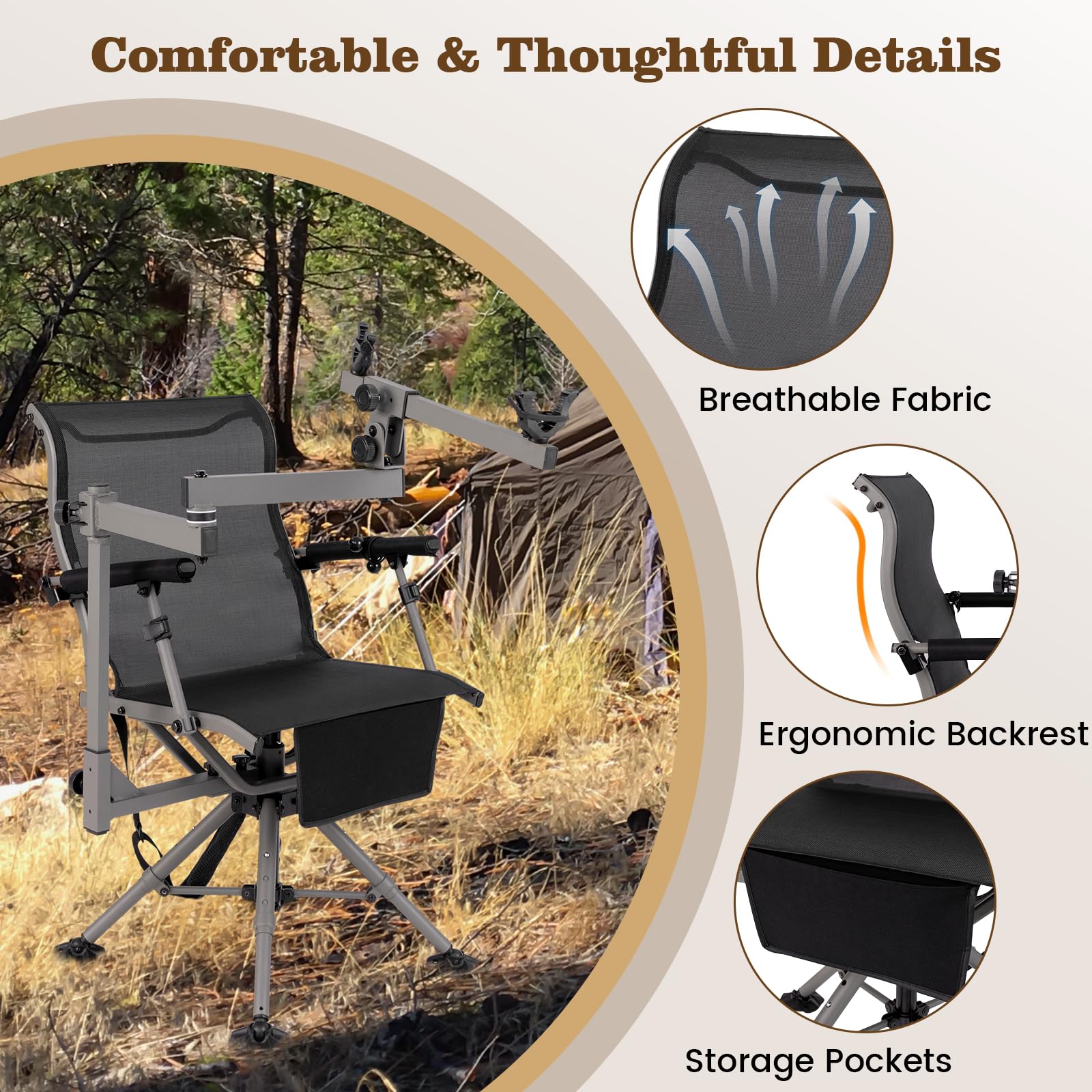 Giantex 360° Swivel Hunting Chair with Gun Rest, Adjustable Armrests, Telescopic Legs, All-Terrain Duck Feet