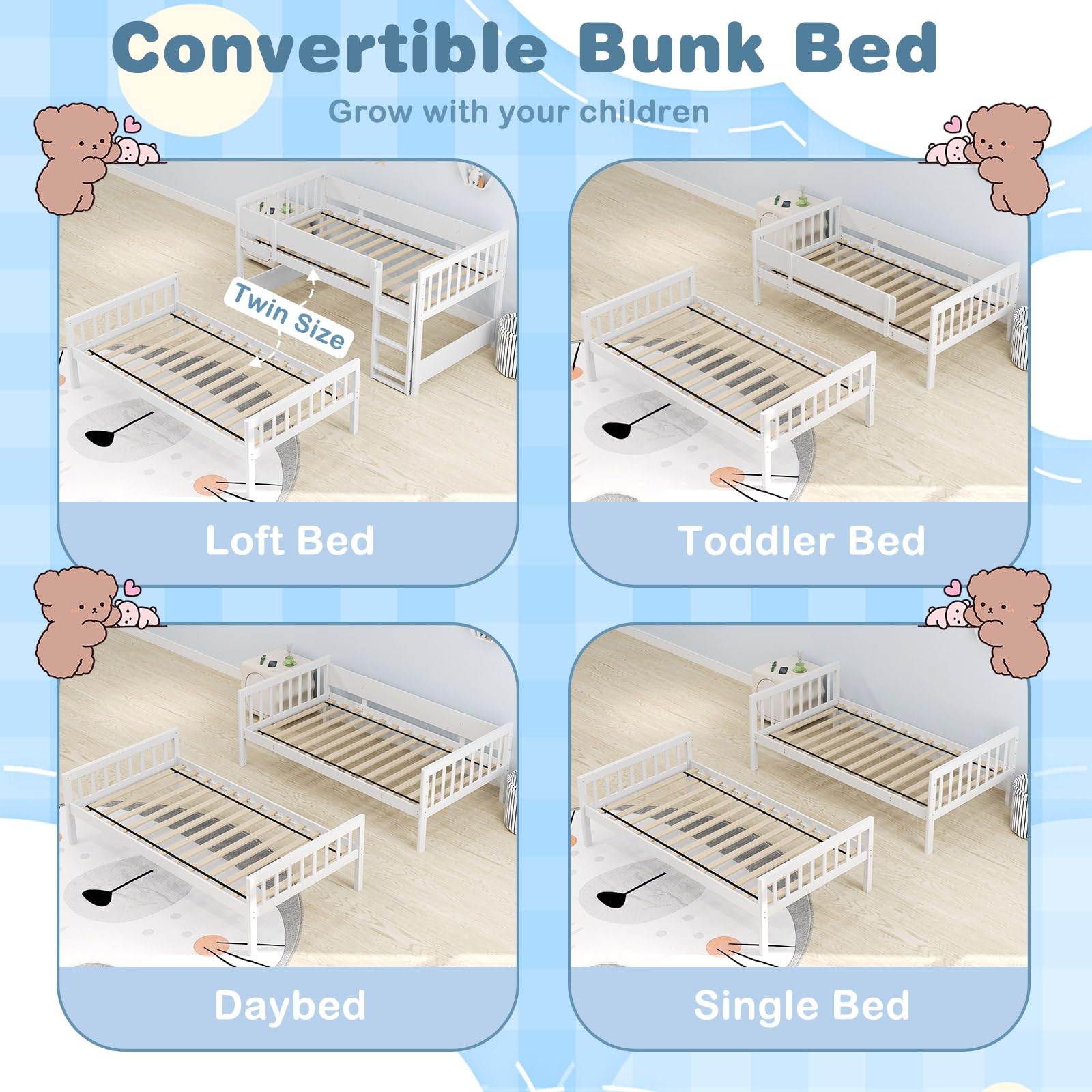 Giantex Wood Bunk Bed Twin Over Twin, Solid Wood Bunk Bed Frame with Ladder & Safety Guardrails