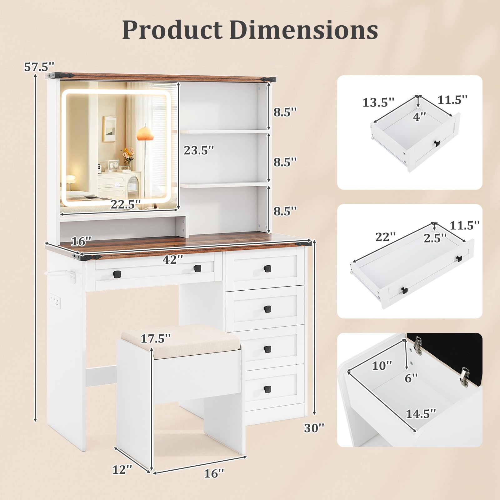 CHARMAID Vanity Desk with Mirror and Lights, Farmhouse Makeup Vanity Desk with 5 Drawers, 3 Shelves