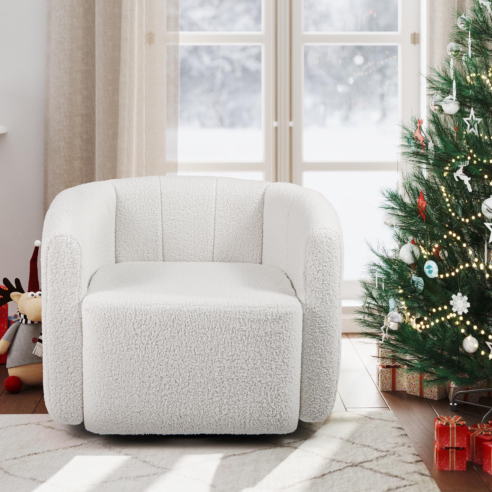 Giantex 360° Swivel Accent Chair - Sherpa Upholstered Boucle Barrel Club Chair with Padded Armrests