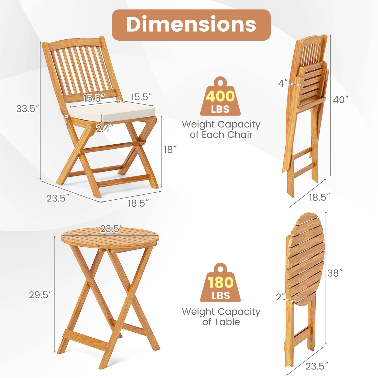 Giantex Patio Bistro Set 3 Pieces, Outdoor Acacia Wood Folding Table & Chairs Set with 2 Padded Cushions