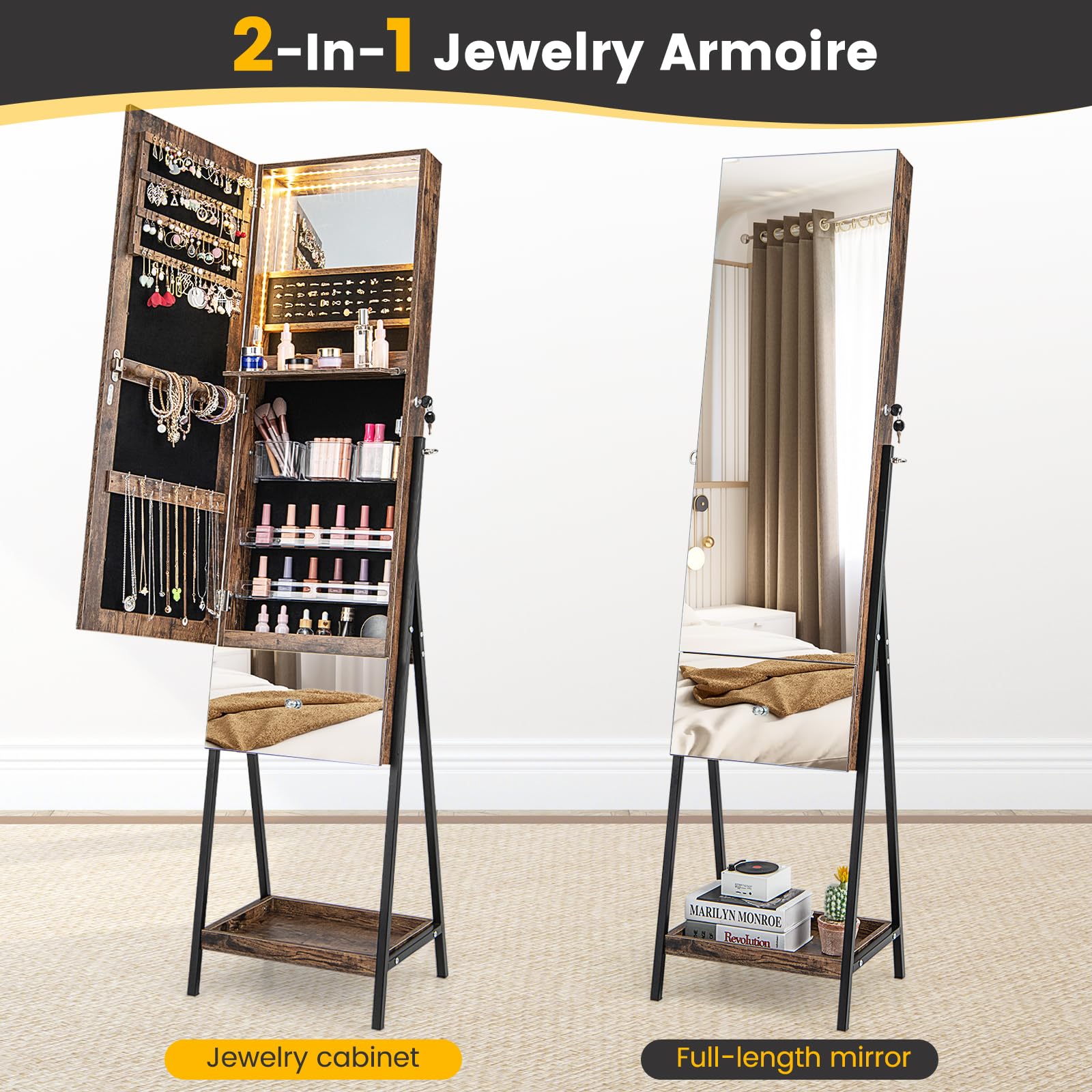 CHARMAID Jewelry Cabinet Armoire with Full Length Mirror, 3-Color Light Strips, Mirrored Tilt out Drawer