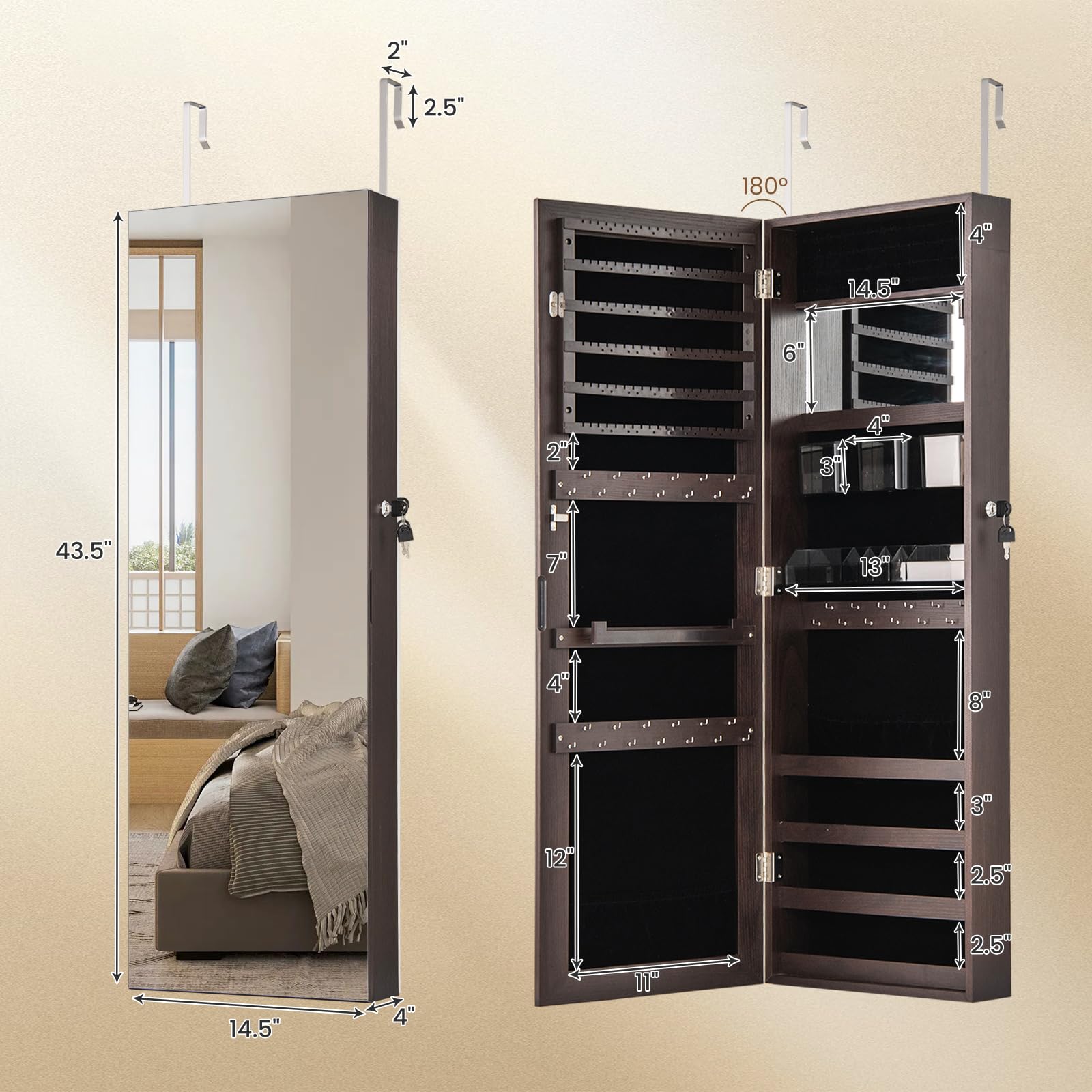 CHARMAID Jewelry Cabinet Wall or Door Mounted, Hanging Lockable Jewelry Armoire Storage with Full Length Mirror