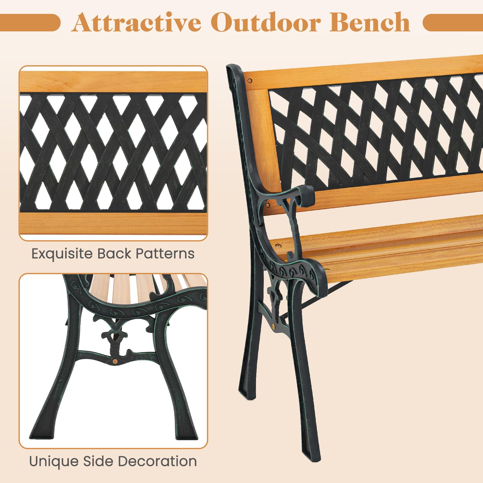 Giantex Outdoor Bench, 3-Person Garden Bench with Slatted Seat, Curved Armrests, 470 Lbs Capacity