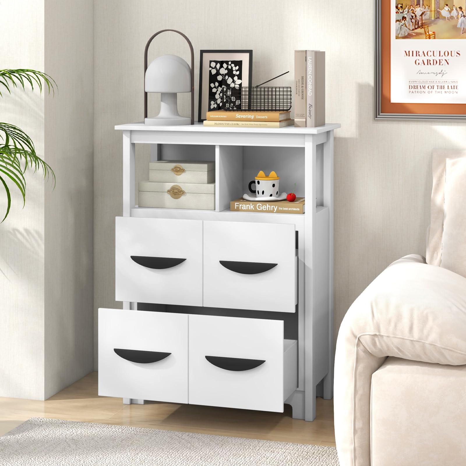 Giantex Storage Cabinet with Large Drawers, Open Storage Compartments, Anti-Tipping Kit, White