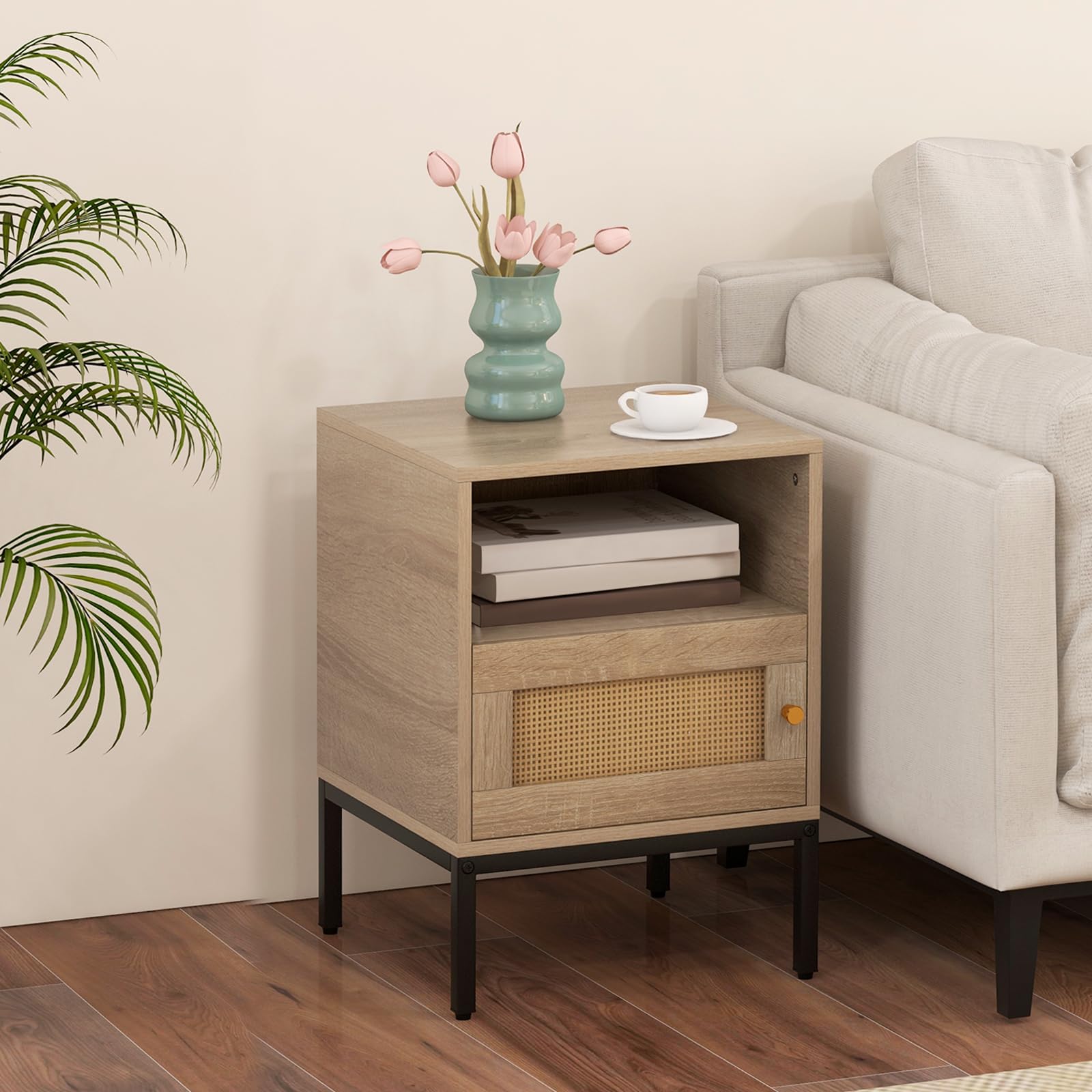 Giantex Rattan Nightstand, Boho Night Stand with Open Storage Shelf & Rattan Decorative Door