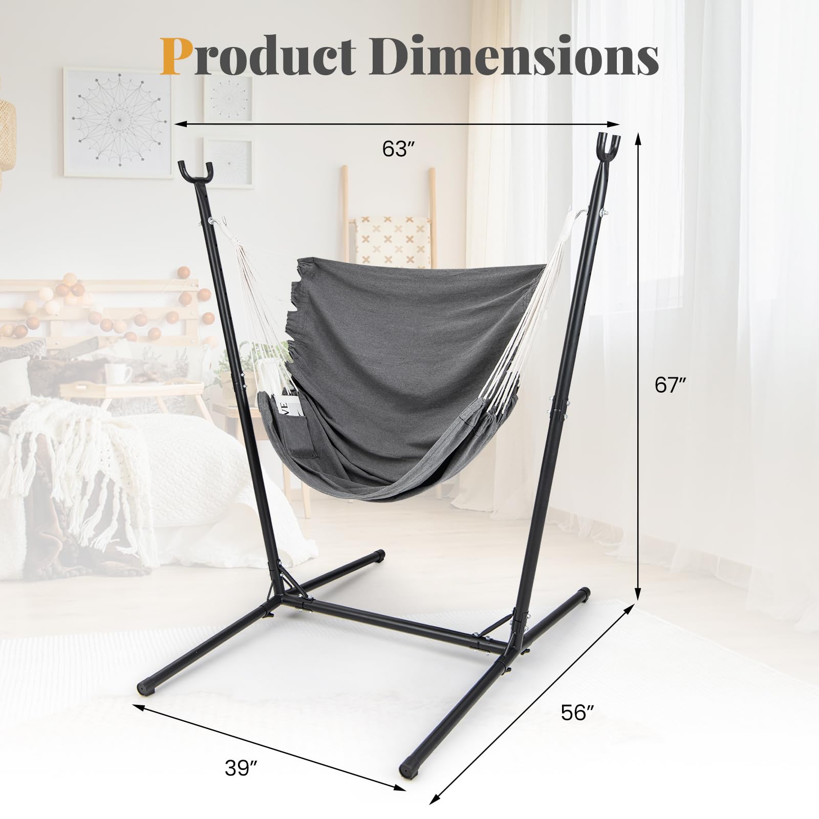 Giantex Hammock Chair with H-Shaped Stand - Heavy Duty Swing Chair with 6-Position Adjustable Height and Side Pocket