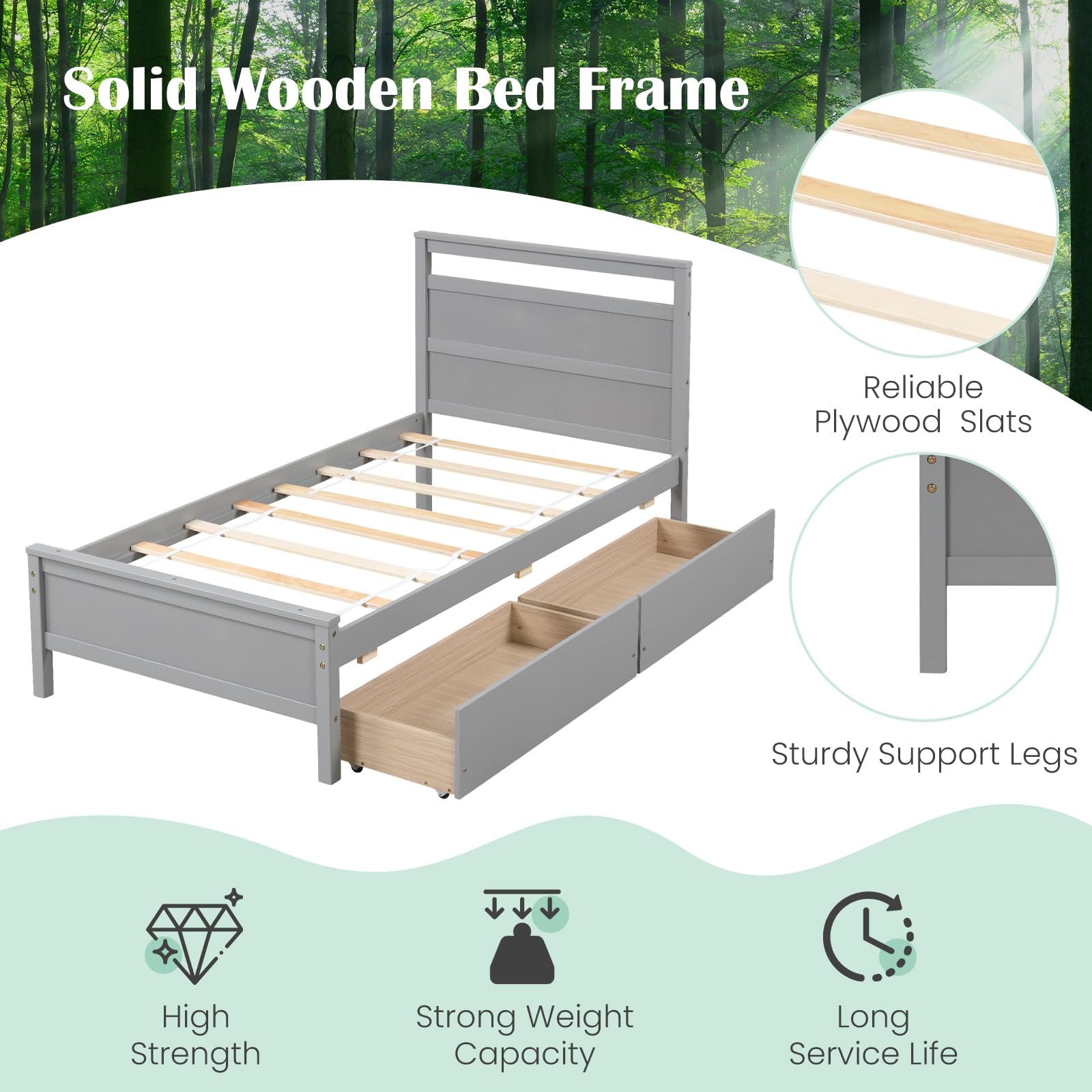 Giantex Wood Twin Bed with 2 Storage Drawers, Solid Wood Platform Bed with Headboard