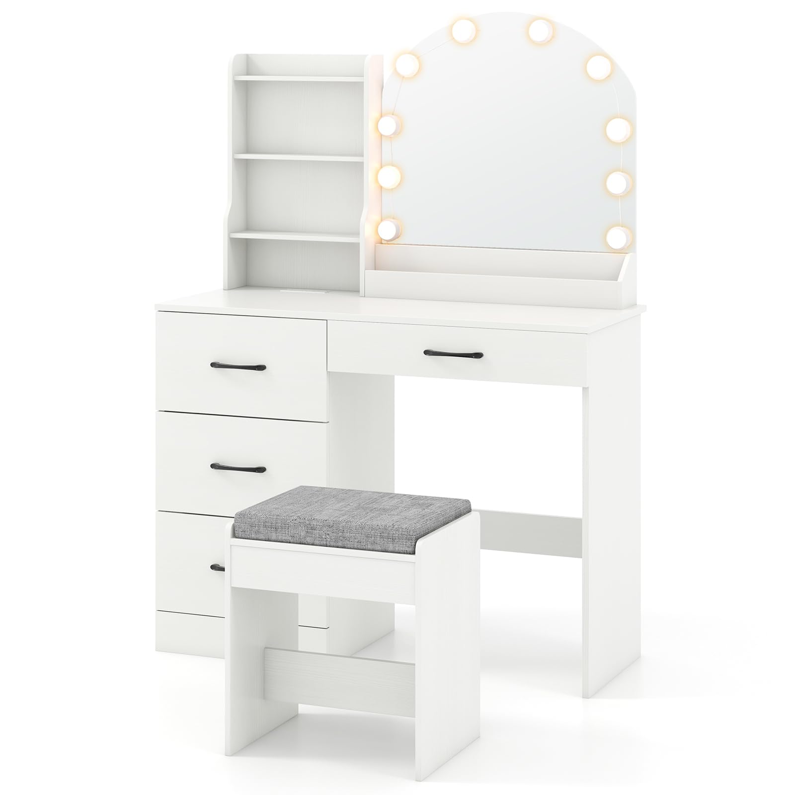 Vanity Desk with Lights - Makeup Vanity Table with Charging Station, 4 Drawers, 3 Storage Shelves