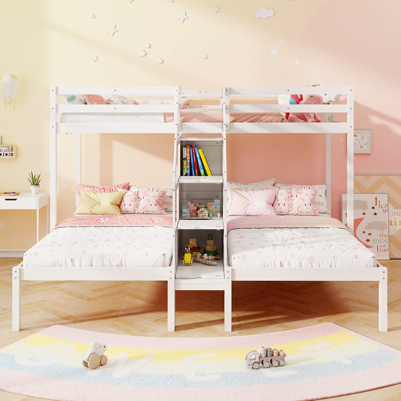 Giantex Twin Over Twin & Twin Bunk Bed, Triple Bunk Beds with 4-Step Storage Stair, Wooden 3 Bunk Beds for Kids Teens