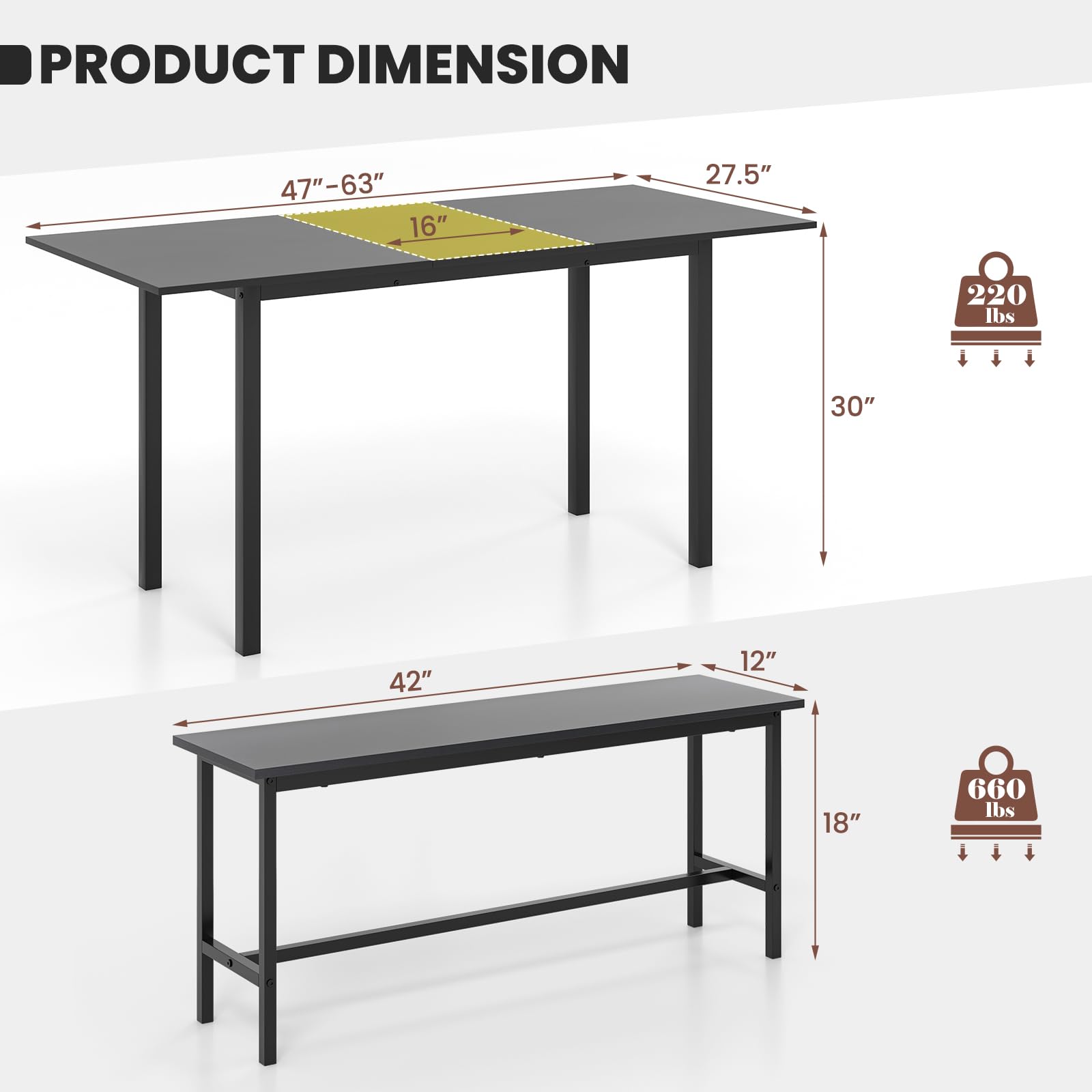 Giantex Dining Room Table Set for 4-6, 3 Piece Dining Table Set, 63” Extendable Dining Table with 2 Benches