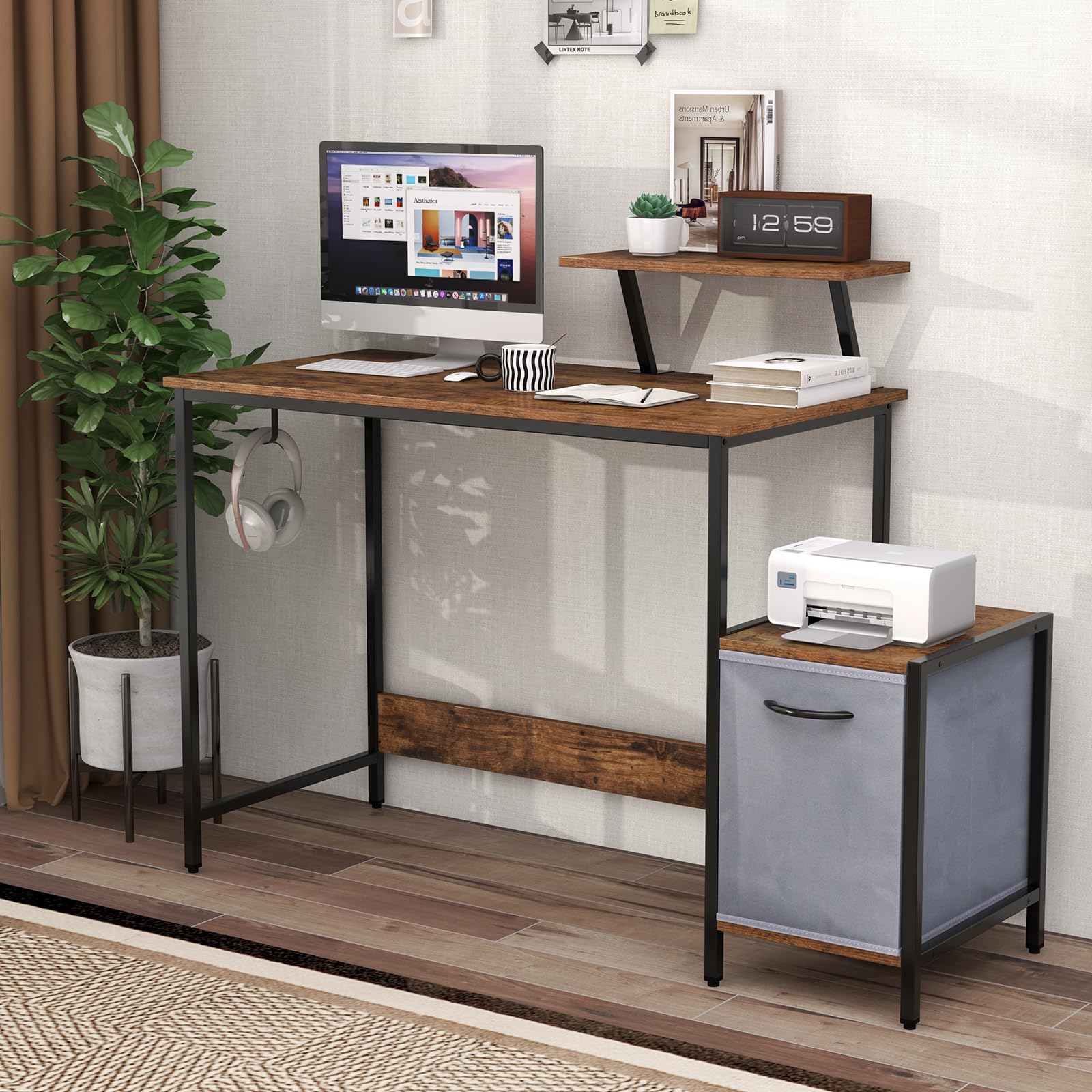 Giantex Computer Desk with Drawer and Power Outlet, Home Office Desk with Reversible Storage Drawer