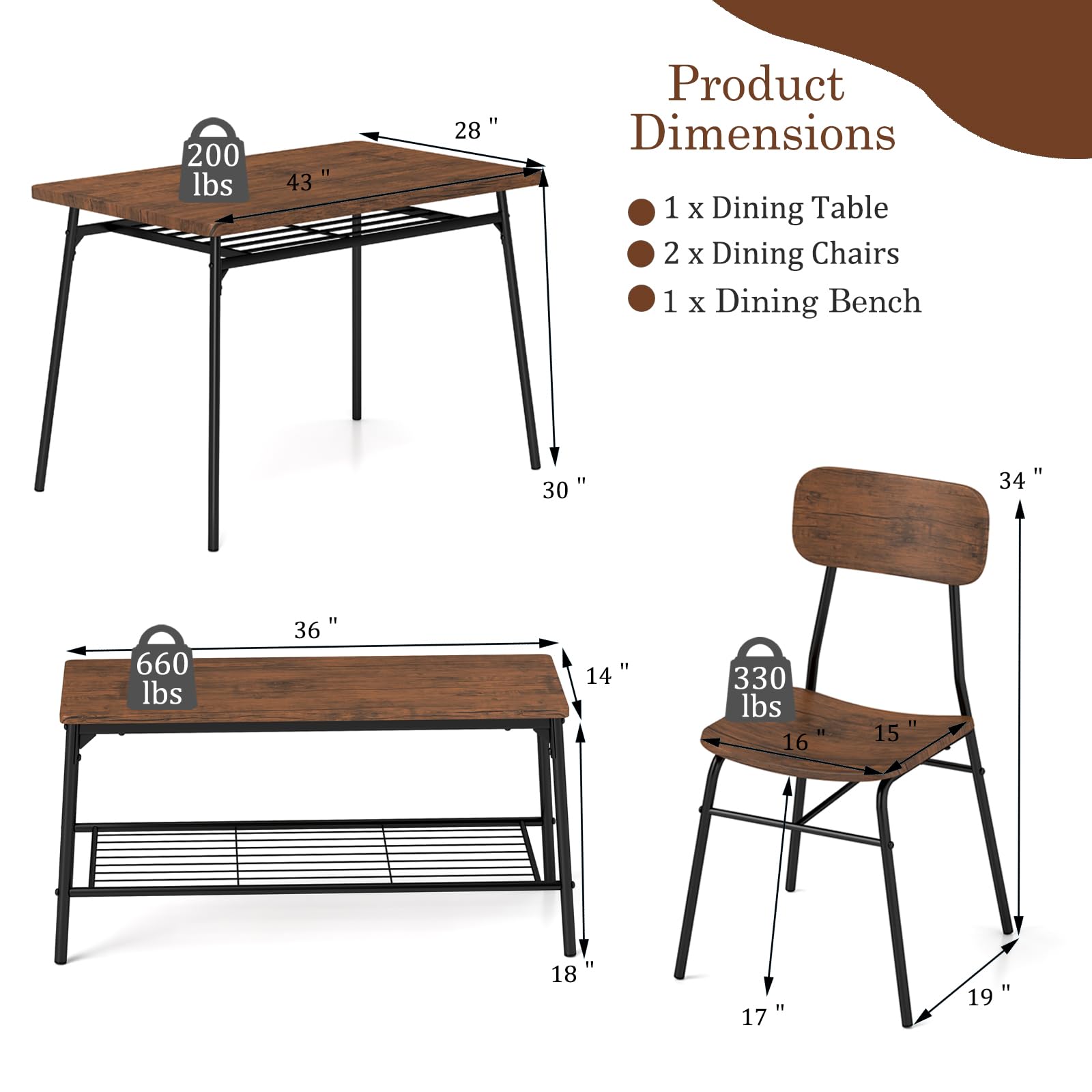 Giantex Dining Table Set for 4, Kitchen Table with Bench & 2 Chairs, Storage & Metal Frame