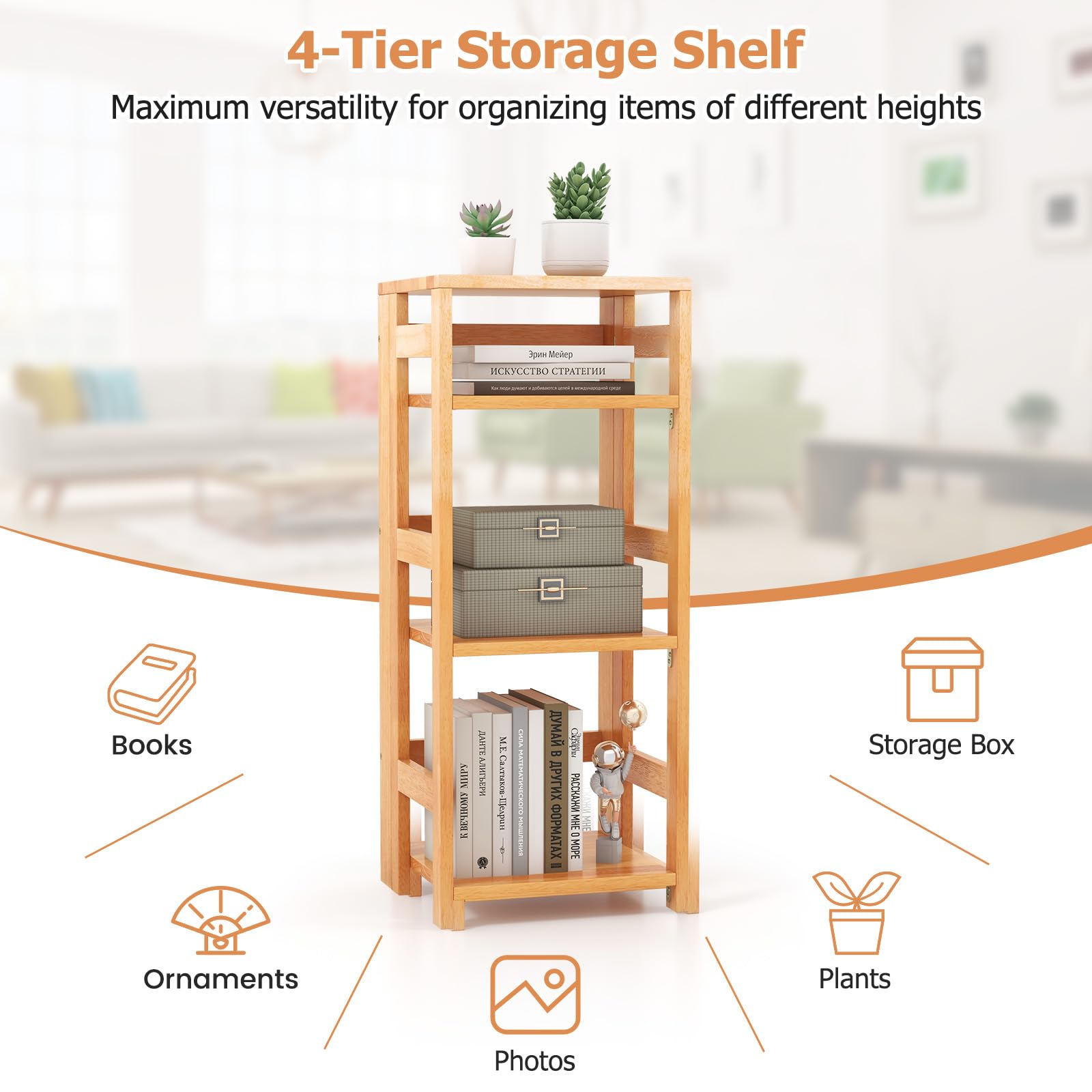 Giantex 4-Tier Bookshelf, 34.5" Floor Storage Shelf w/Rubber Wood Frame, Anti-Toppling Kits, 14" x 13" x 34.5"