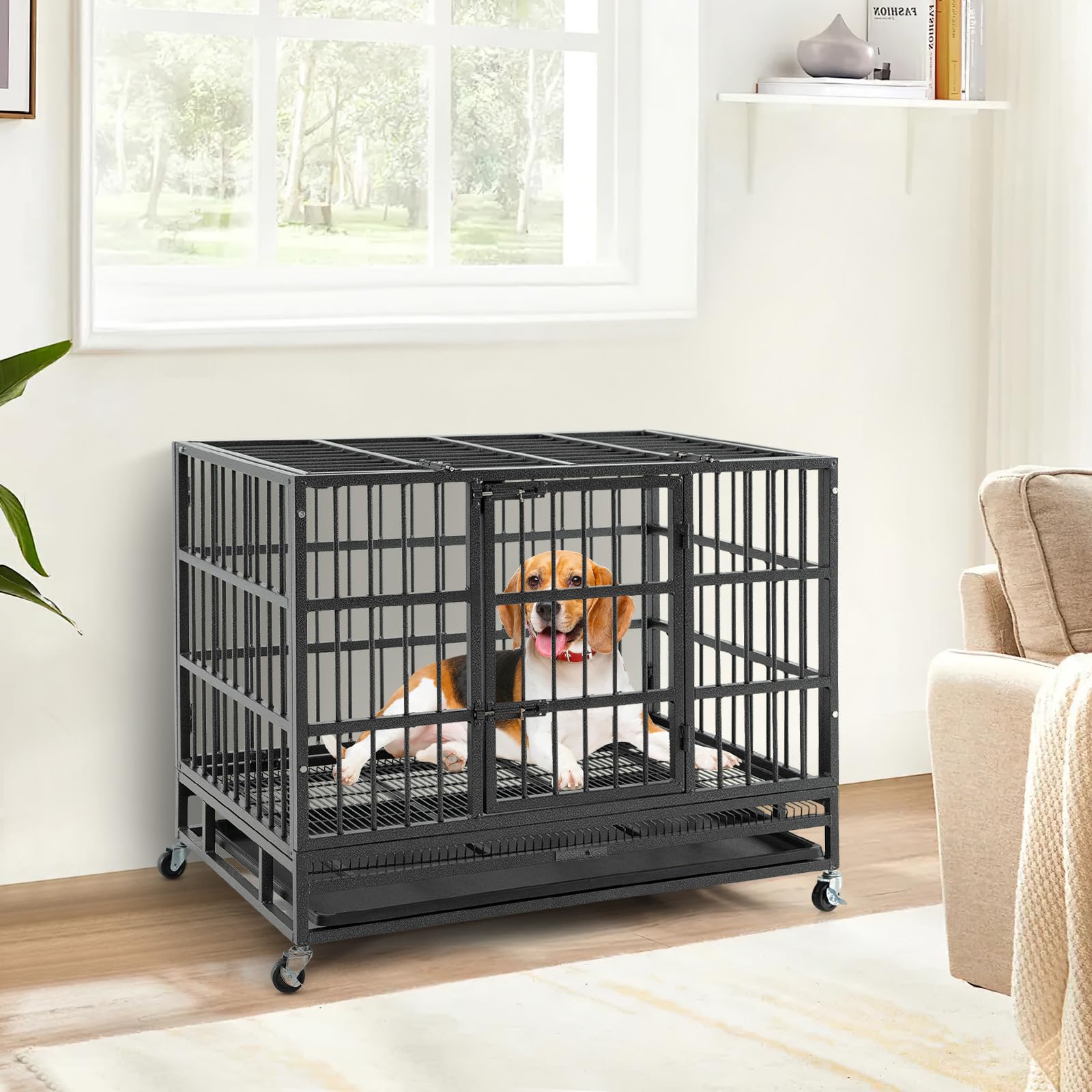 Giantex Heavy Duty Dog Crate, Escape Proof Metal Dog Cage with Double Door