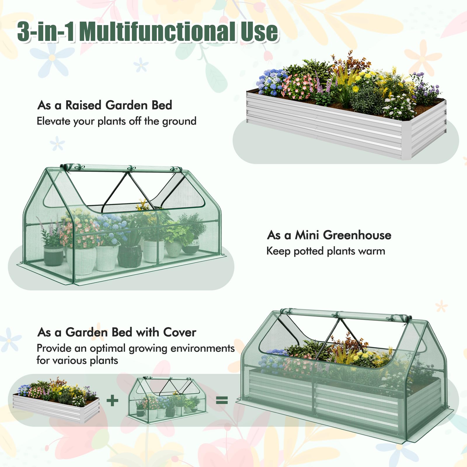 Giantex Galvanized Steel Raised Garden Bed with Mini Greenhouse, Outdoor Metal Planter Box Kit with Large Roll-up Cover