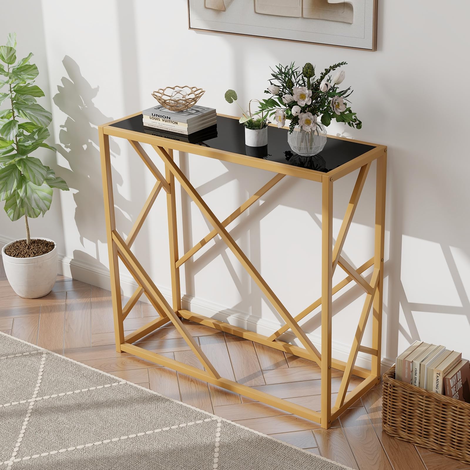 Giantex 31.5" Gold Entryway Console Table - Narrow Sofa Side Table w/Metal Frame & Tempered Glass Top