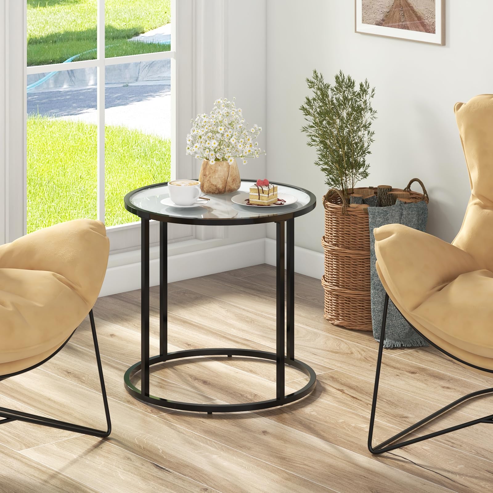 Giantex Round Side Table, Tempered Glass End Table with Metal Frame