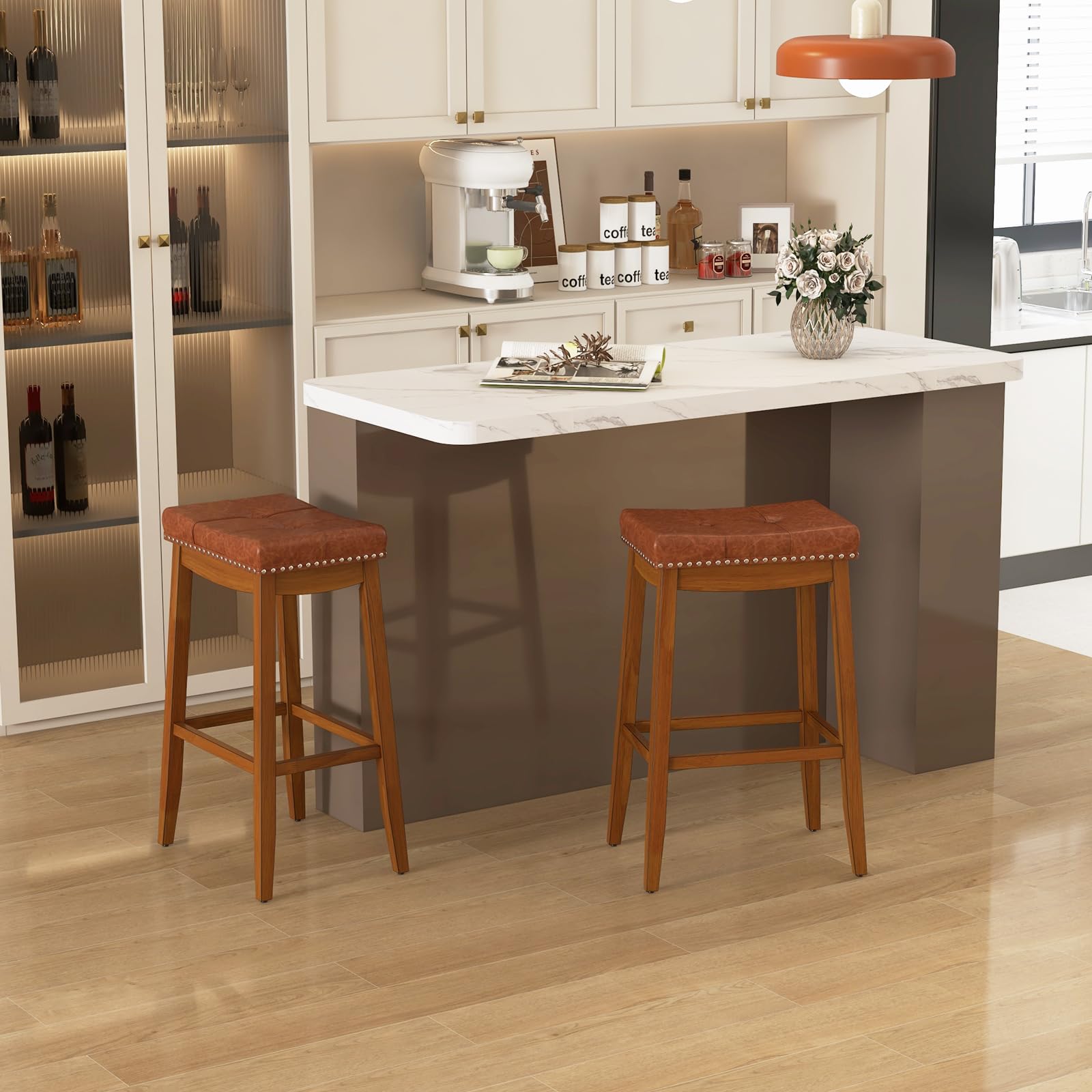 Giantex Bar Stools Set, 29" Counter Height Bar Stools w/Saddle Seat, Footrest, Rivet, Button Tufted, Rubber Wood Frame