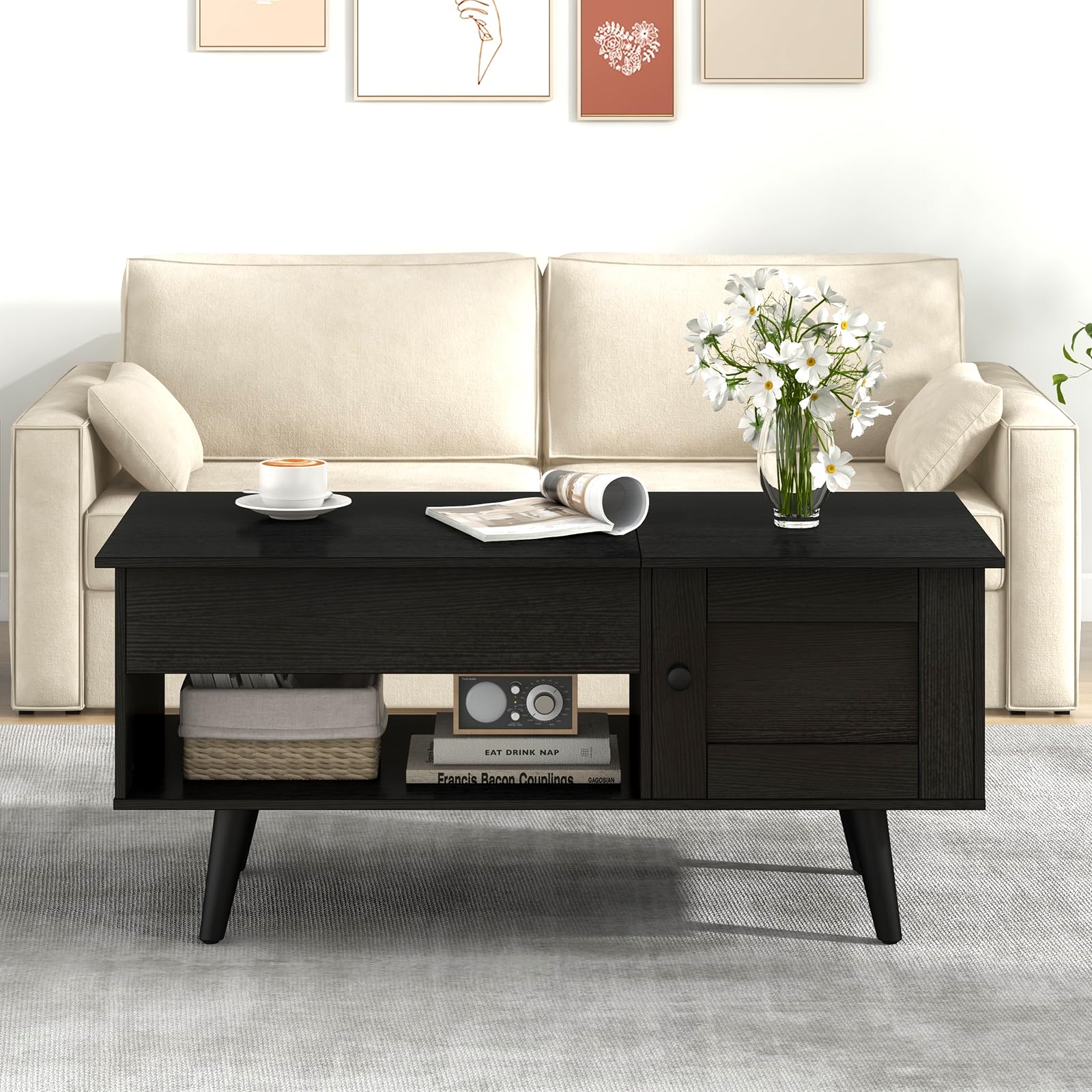 Giantex Lift Top Coffee Table, Modern Cocktail Table with Hidden Compartment, Open Shelf & Cabinet