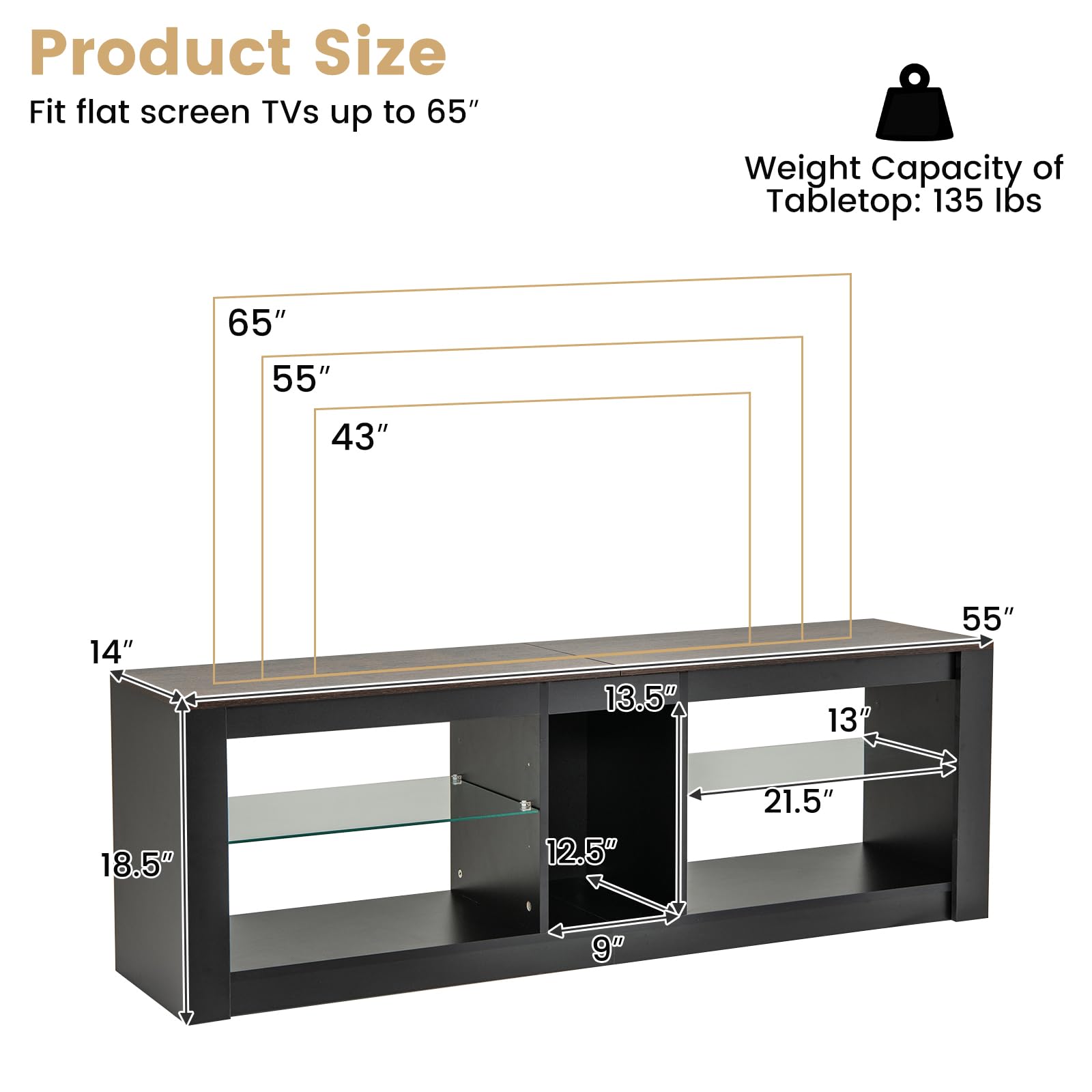 Giantex 55" LED Light TV Stand - Media Console for TVs up to 65 inches